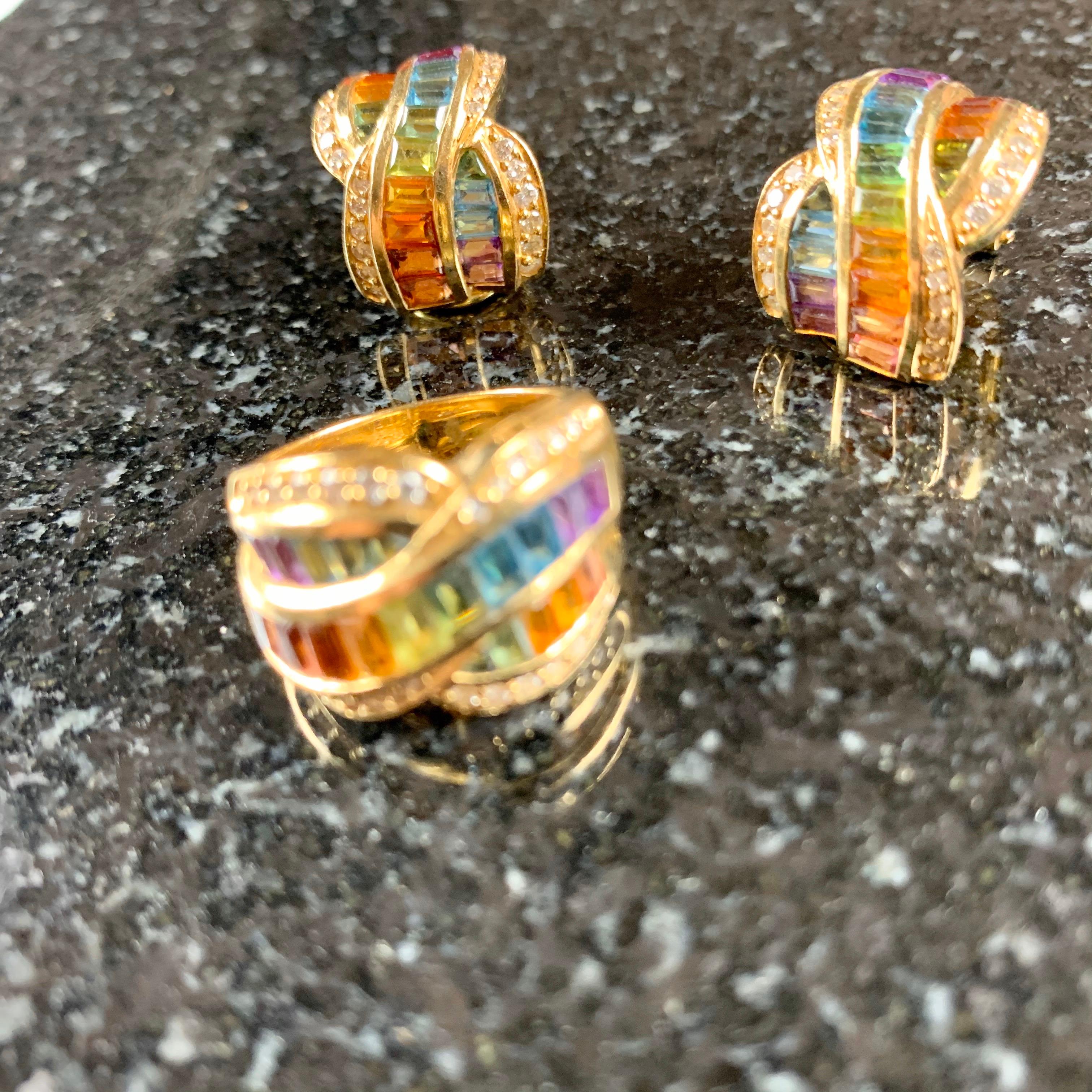 Baguette Cut Set of Rainbow Colour Sapphires Ring and Earrings For Sale