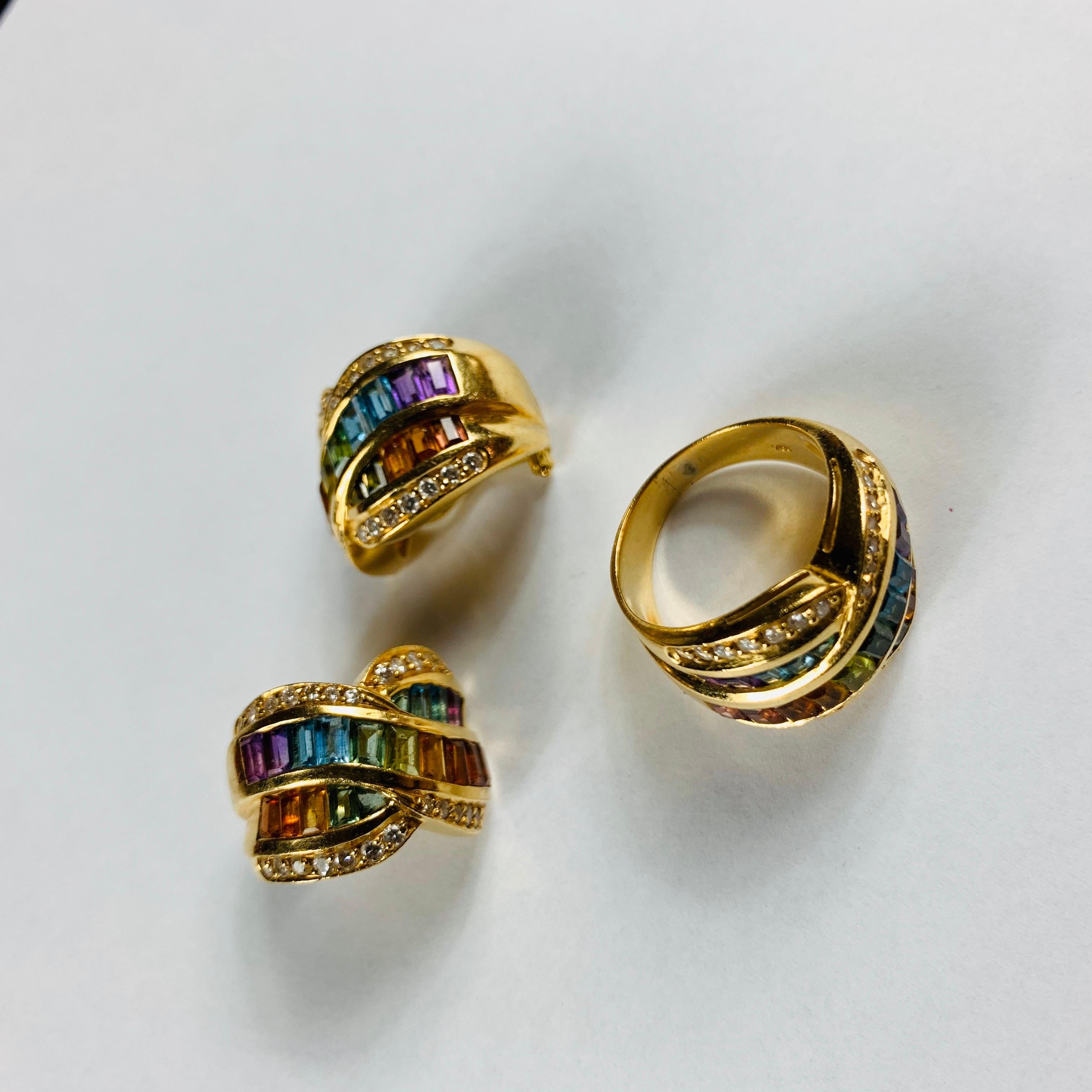 Women's Set of Rainbow Colour Sapphires Ring and Earrings For Sale