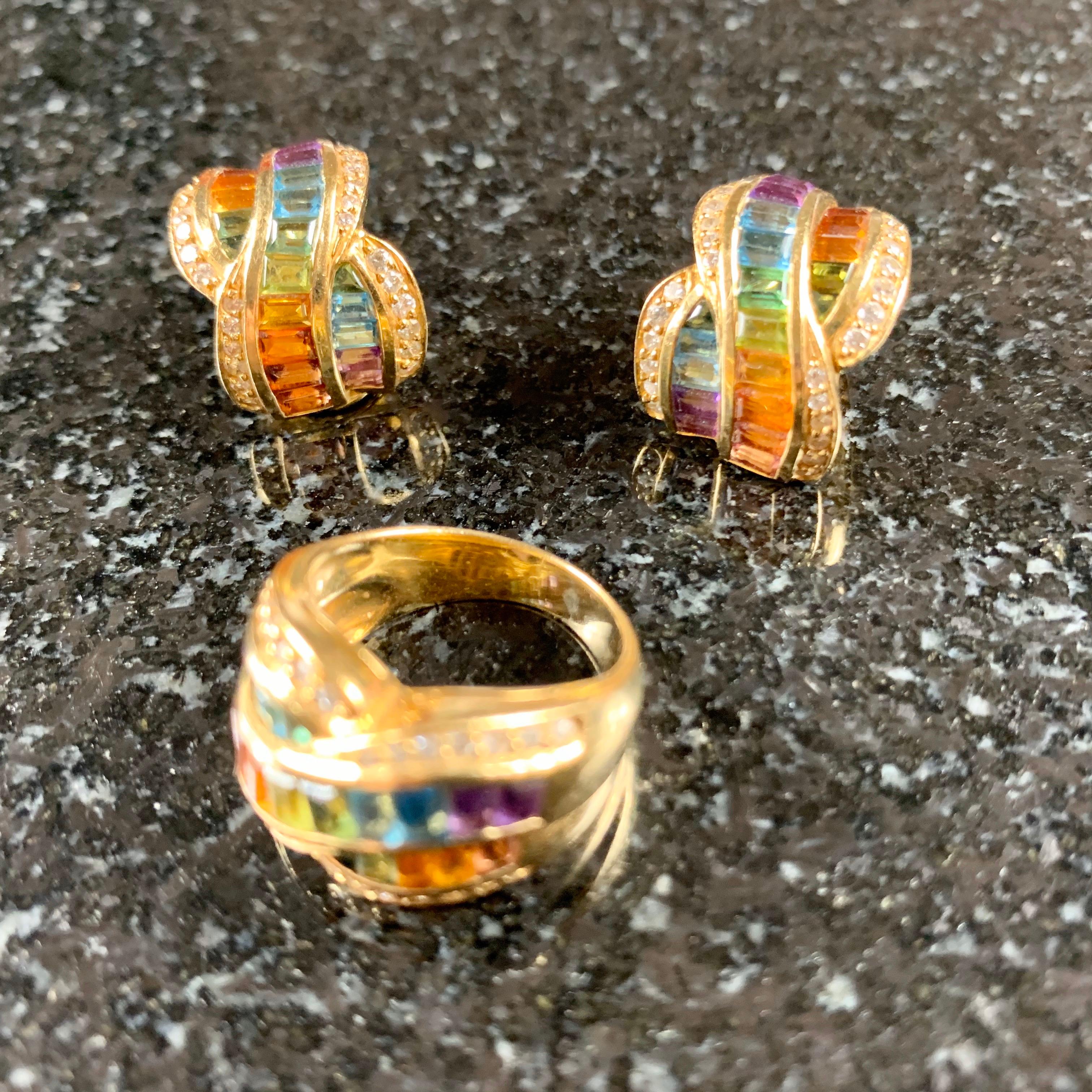 Set of Rainbow Colour Sapphires Ring and Earrings For Sale 1
