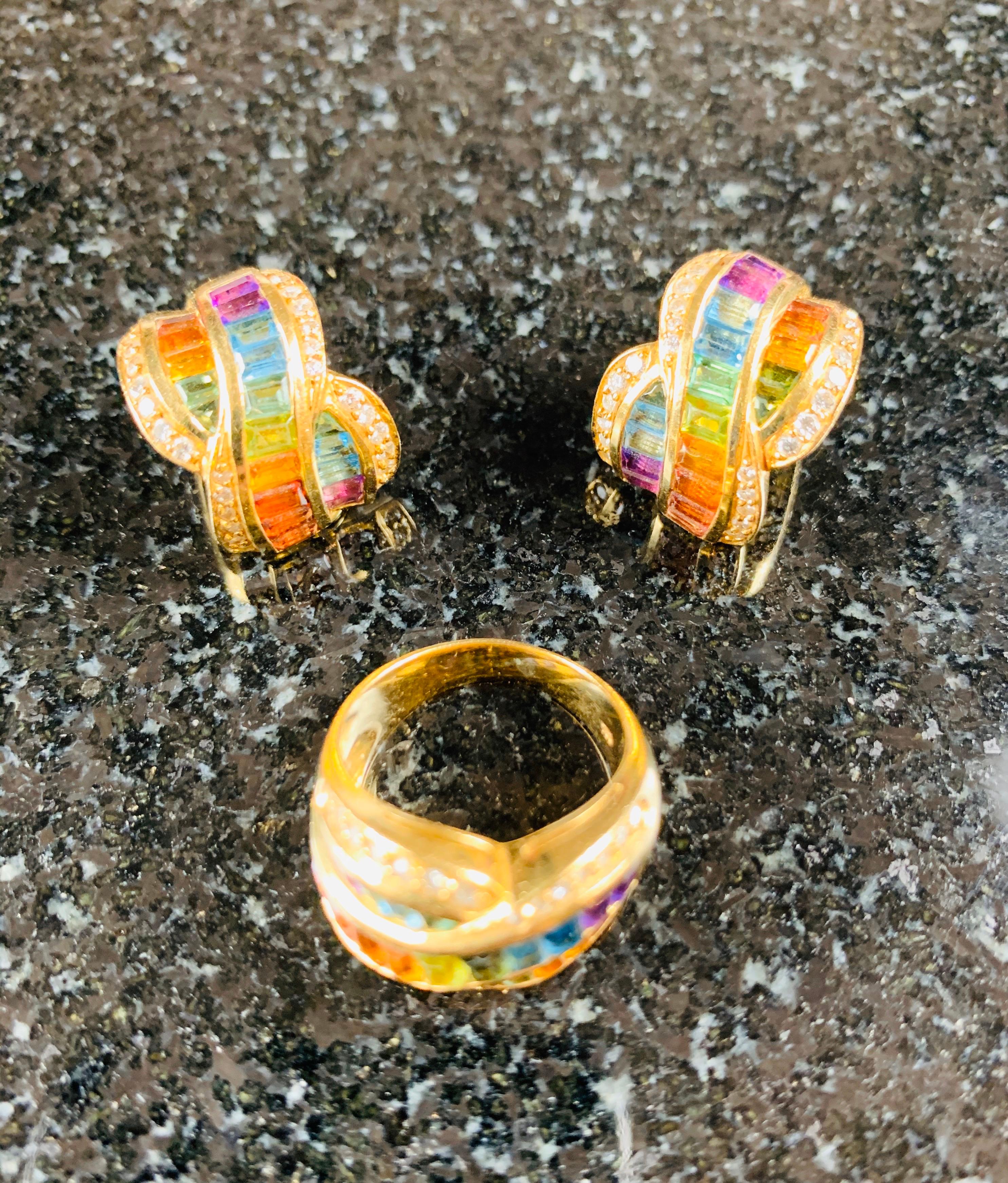 Set of Rainbow Colour Sapphires Ring and Earrings For Sale 2