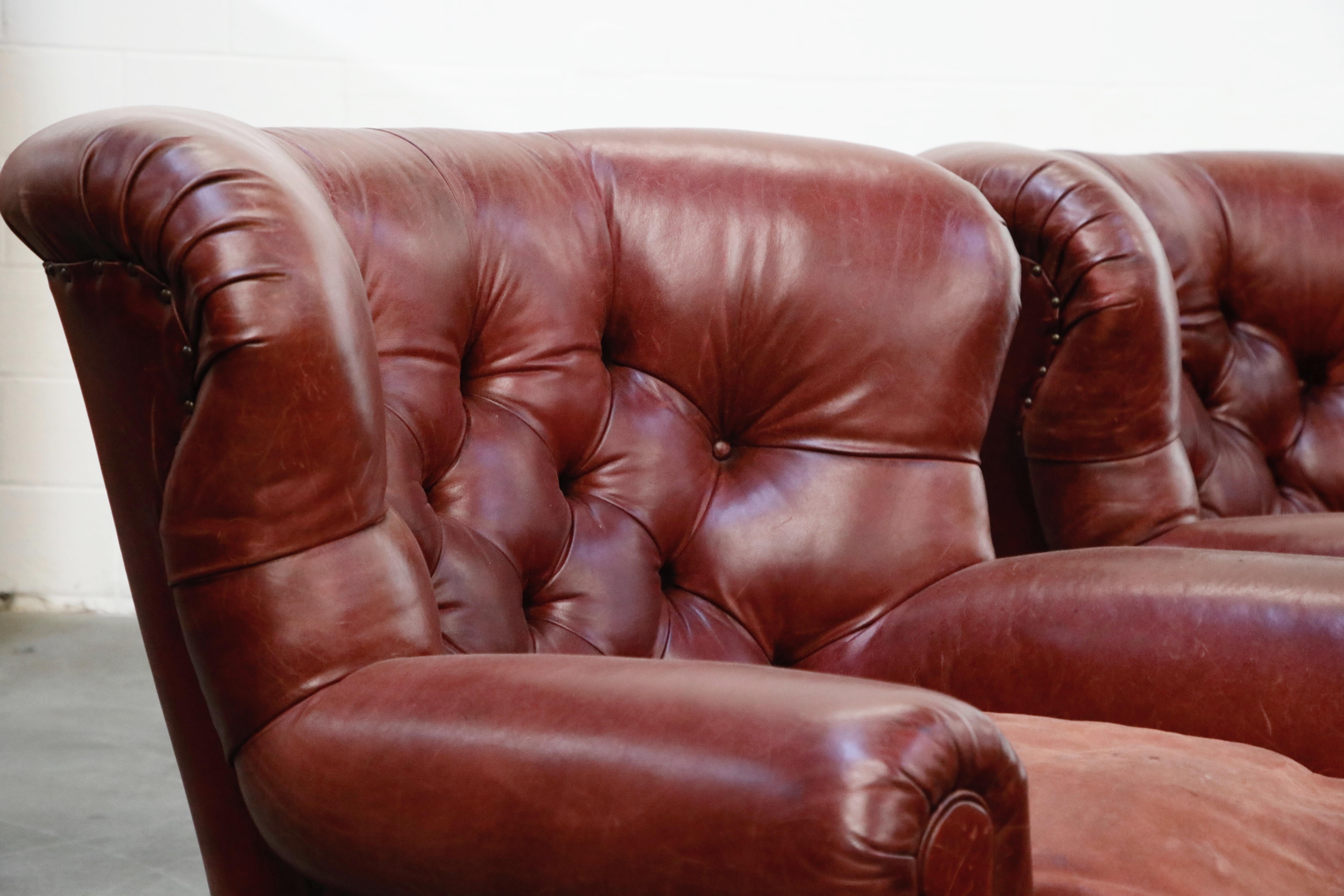 Set of Ralph Lauren Burgundy Leather Writer's Club Chairs and Ottomans, Signed 2