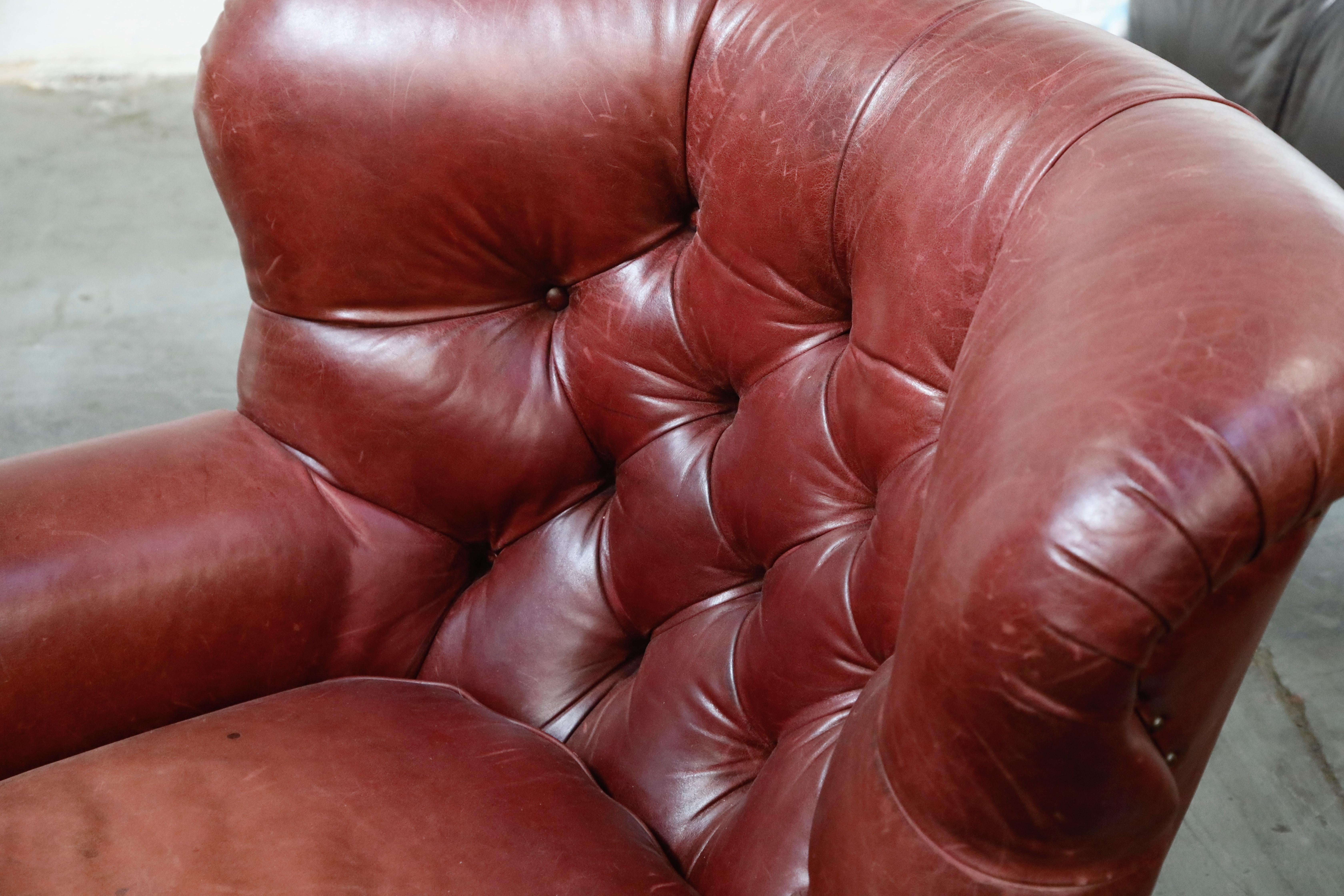 Set of Ralph Lauren Burgundy Leather Writer's Club Chairs and Ottomans, Signed 7