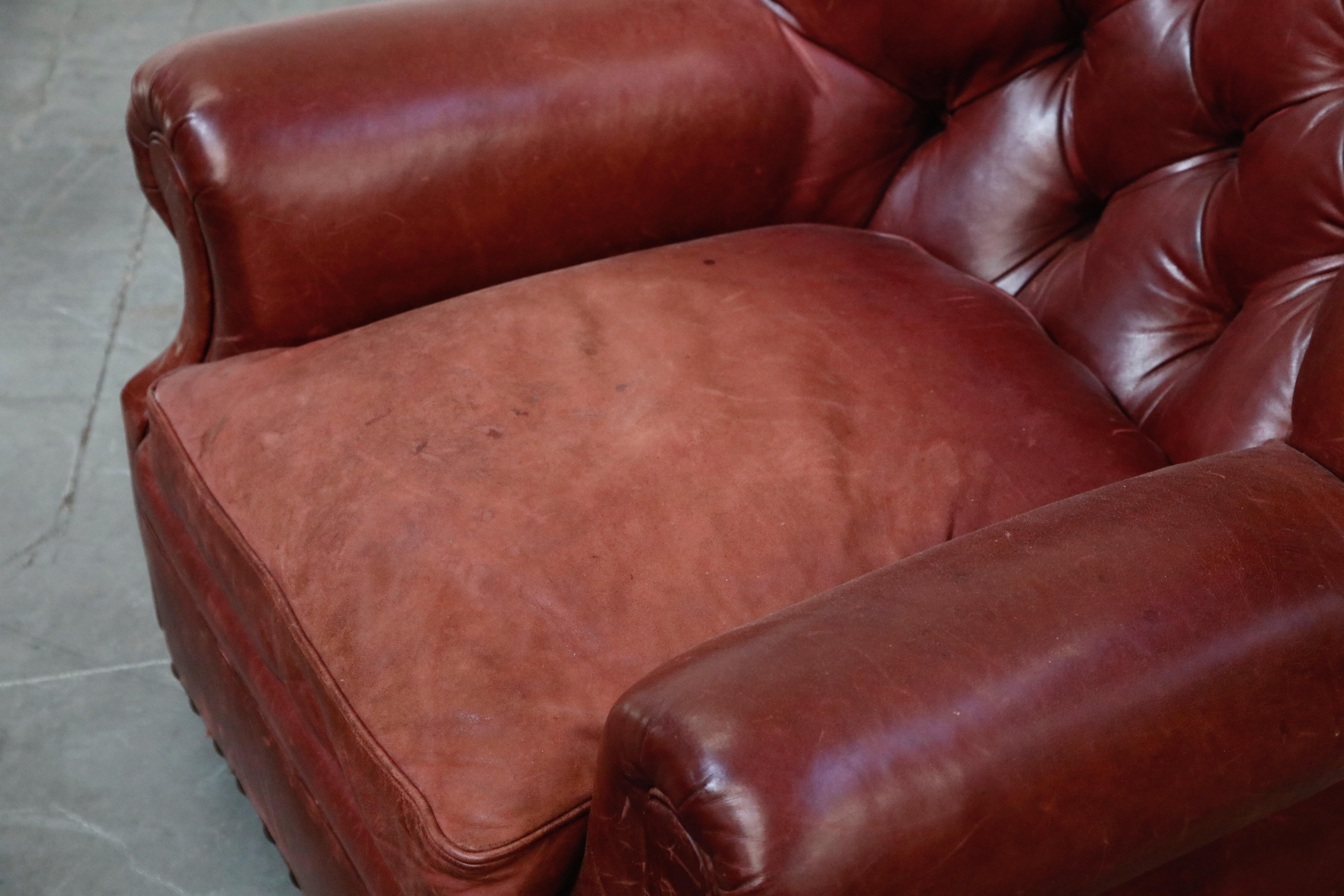 Set of Ralph Lauren Burgundy Leather Writer's Club Chairs and Ottomans, Signed 8