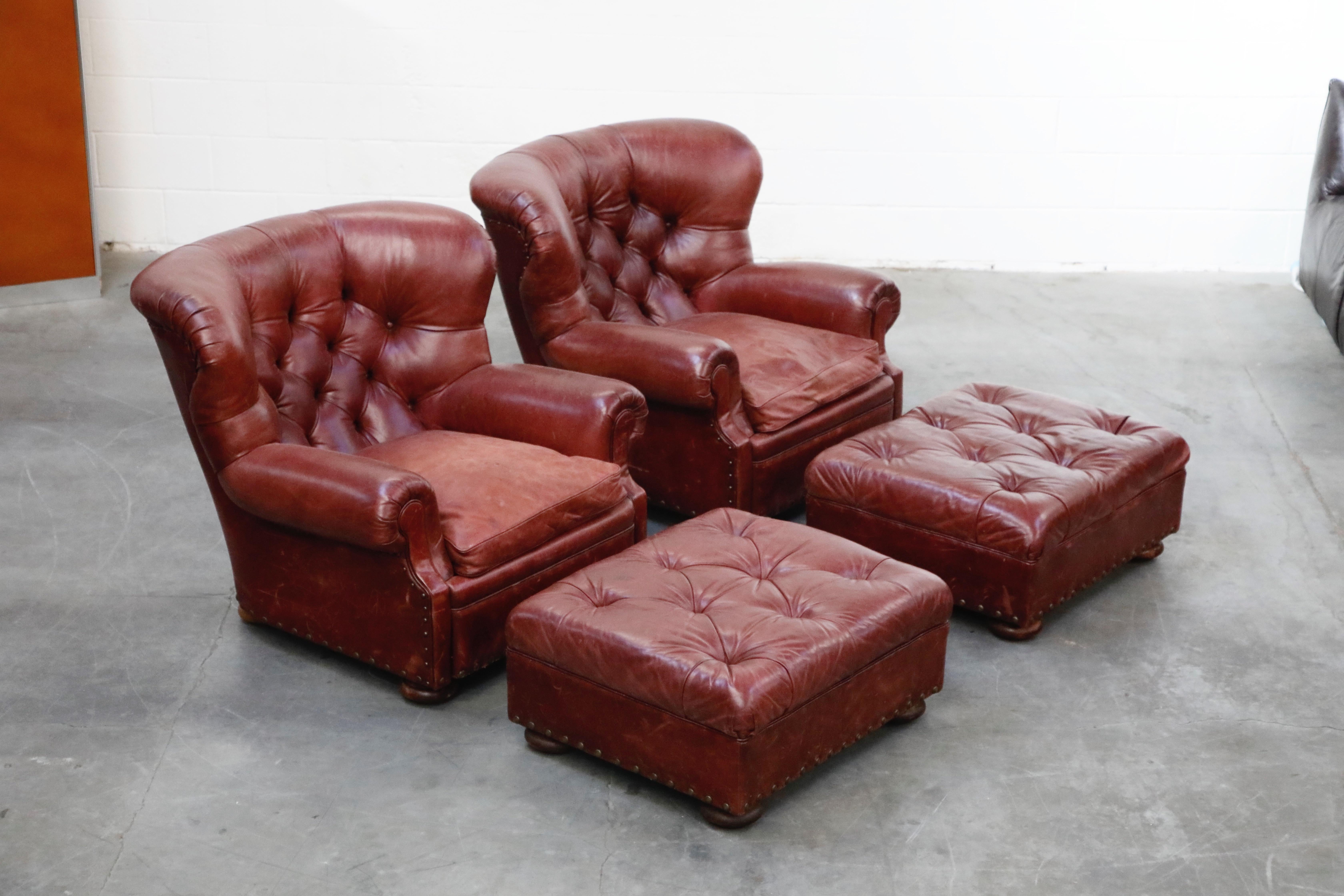 These Ralph Lauren labelled 'Writers' wingback club chairs and ottomans have such incredible burgundy leather, very thick and quality natural hides were used in it's making. The striking large scale wingback silhouette is iconic, along with the many