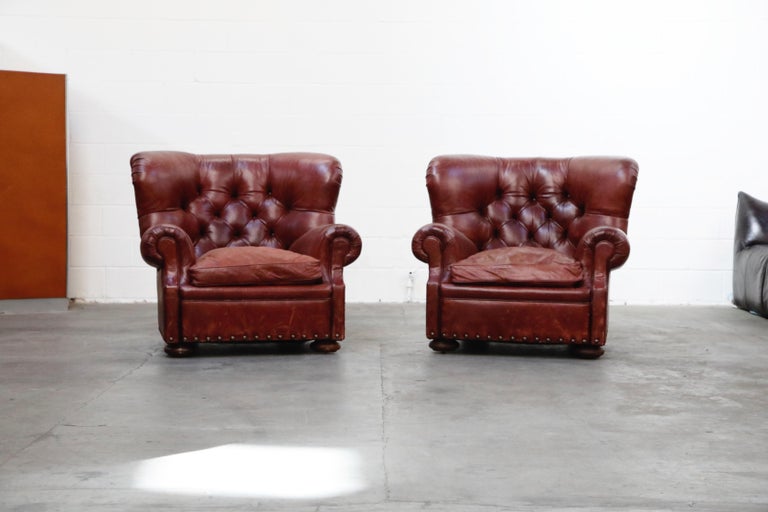 Set of Ralph Lauren Burgundy Leather Writer's Club Chairs and Ottomans