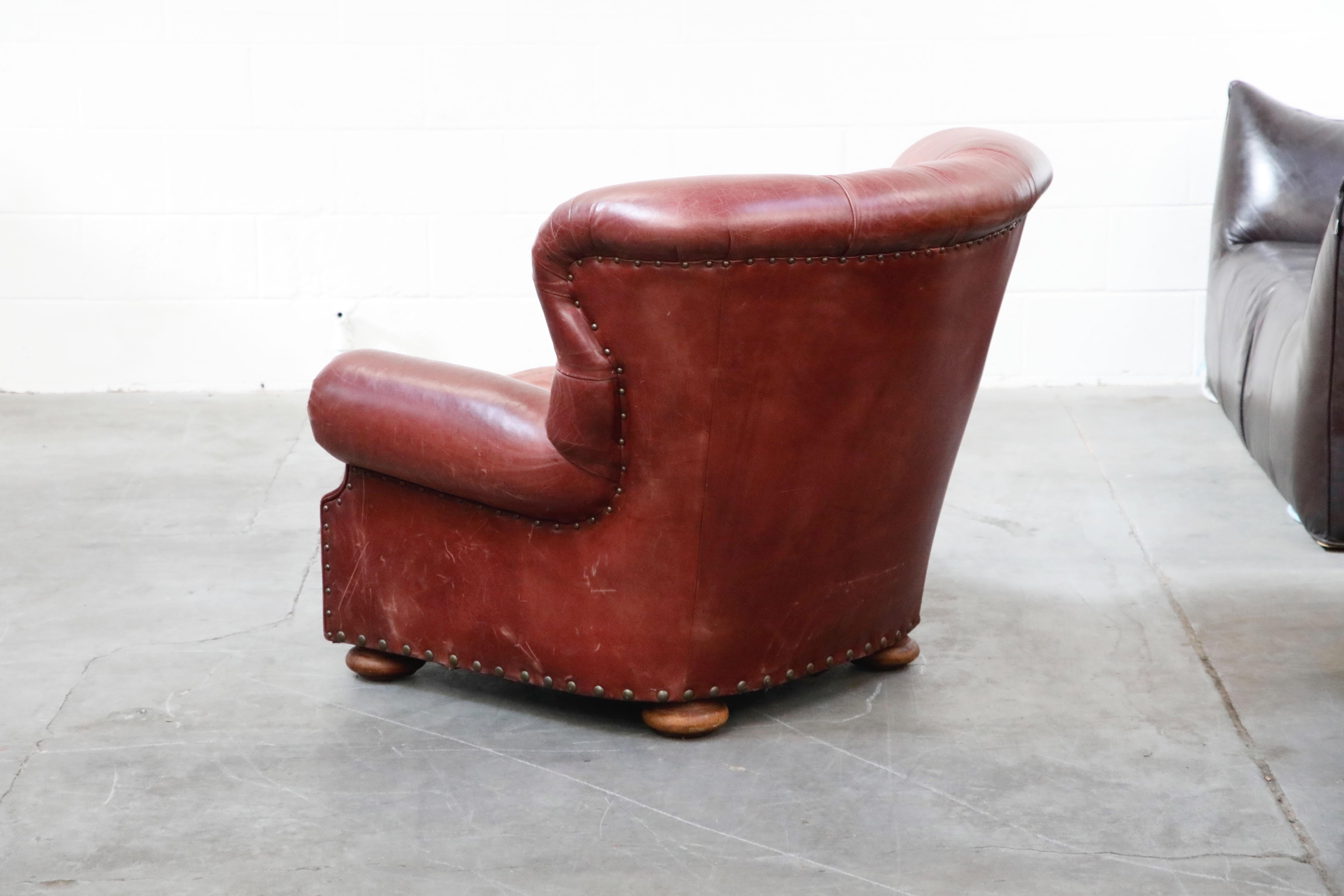 Contemporary Set of Ralph Lauren Burgundy Leather Writer's Club Chairs and Ottomans, Signed