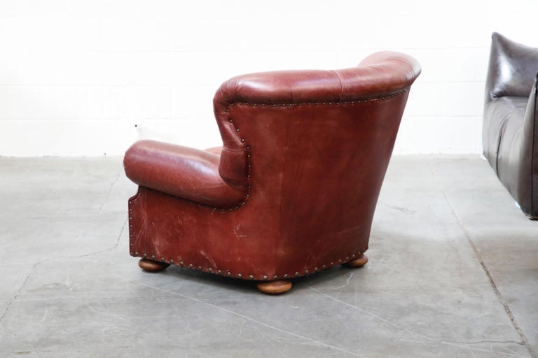 Set of Ralph Lauren Burgundy Leather Writer's Club Chairs and Ottomans