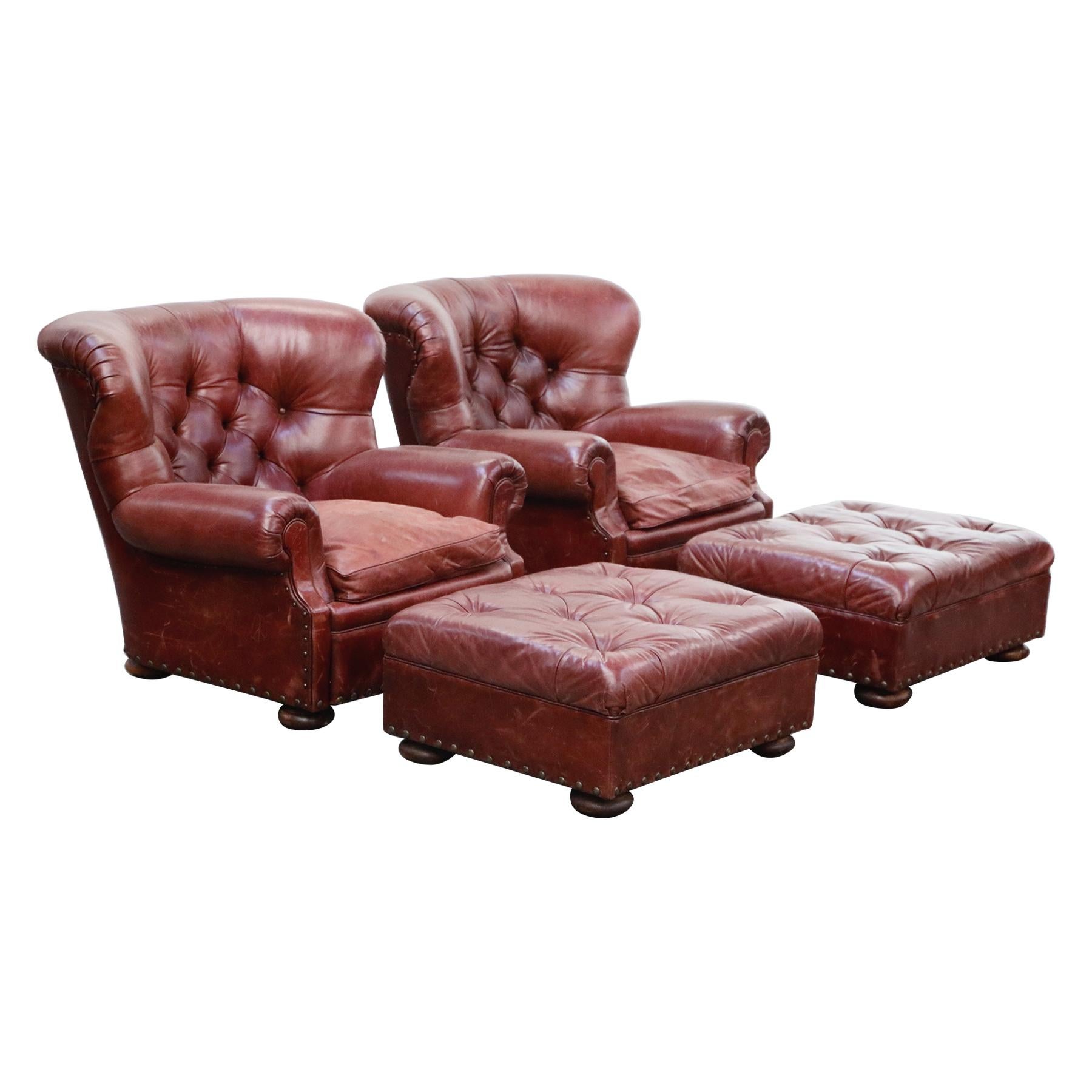 Set of Ralph Lauren Burgundy Leather Writer's Club Chairs and Ottomans, Signed