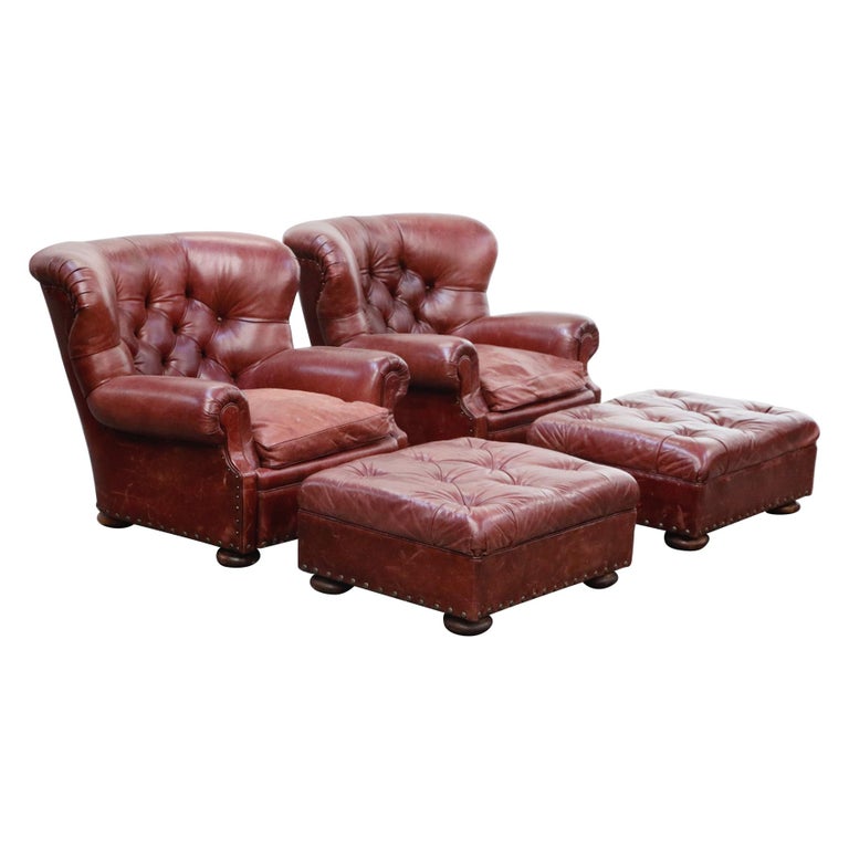 Set Of Ralph Lauren Burdy Leather, Red Leather Club Chair And Ottoman