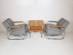 Set of Rare Chrome Armchairs & Table by Hynek Gottwald, 1930's