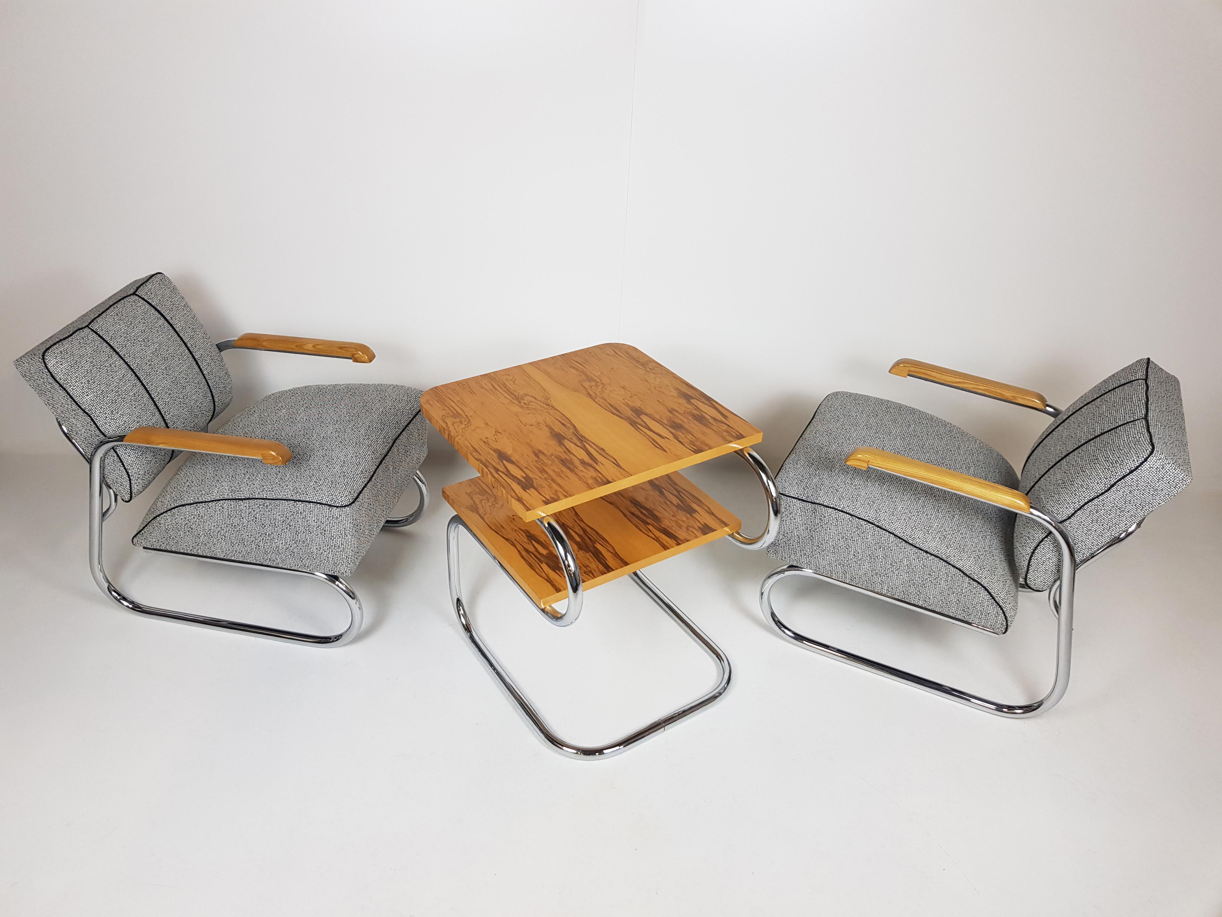 20th Century Set of Rare Chrome Armchairs & Table by Hynek Gottwald, 1930's