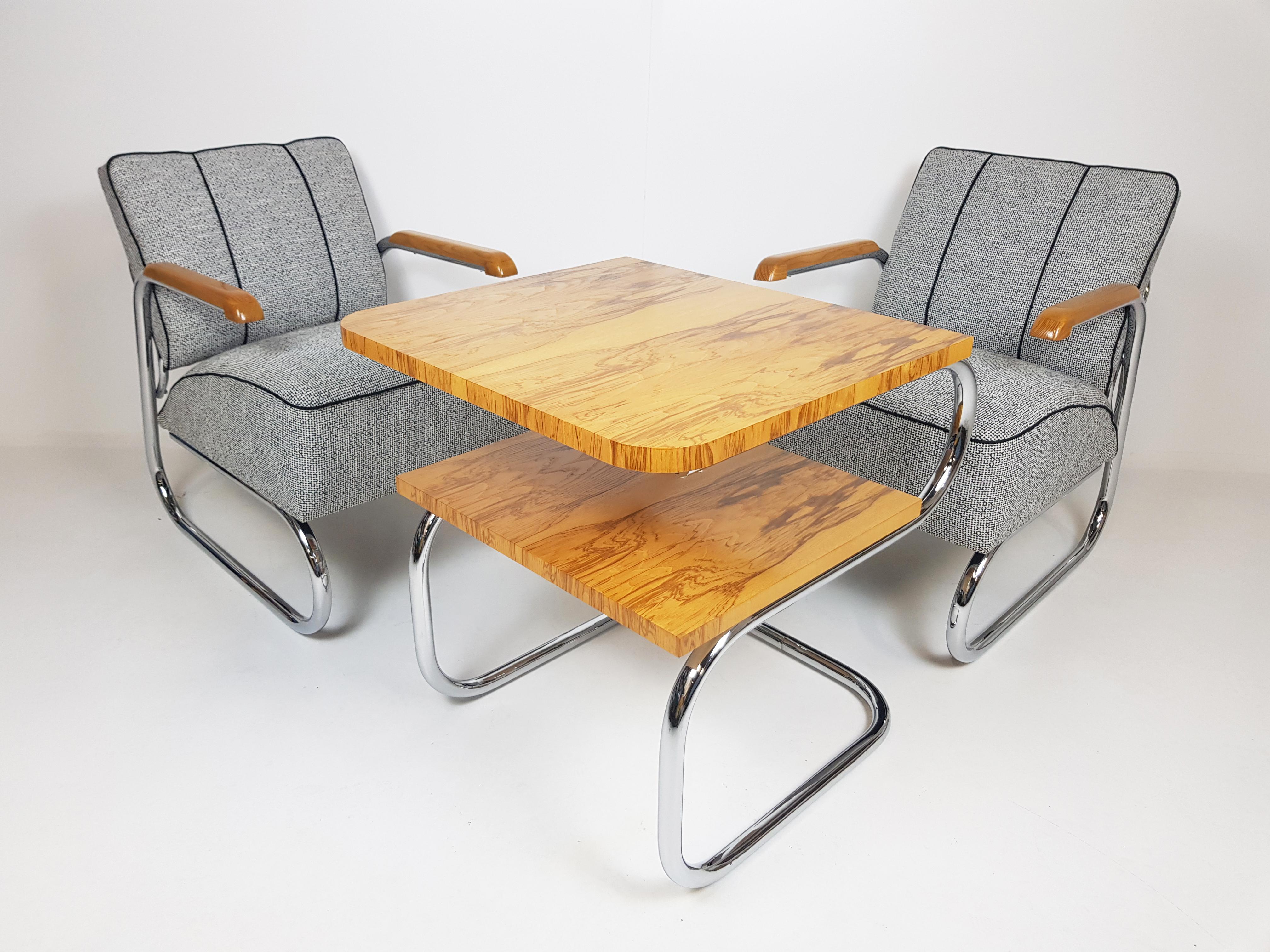 Fabric Set of Rare Chrome Armchairs & Table by Hynek Gottwald, 1930's