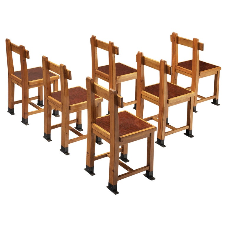 Rare French Set of Six Dining Chairs in Pine with Metal Feet For Sale