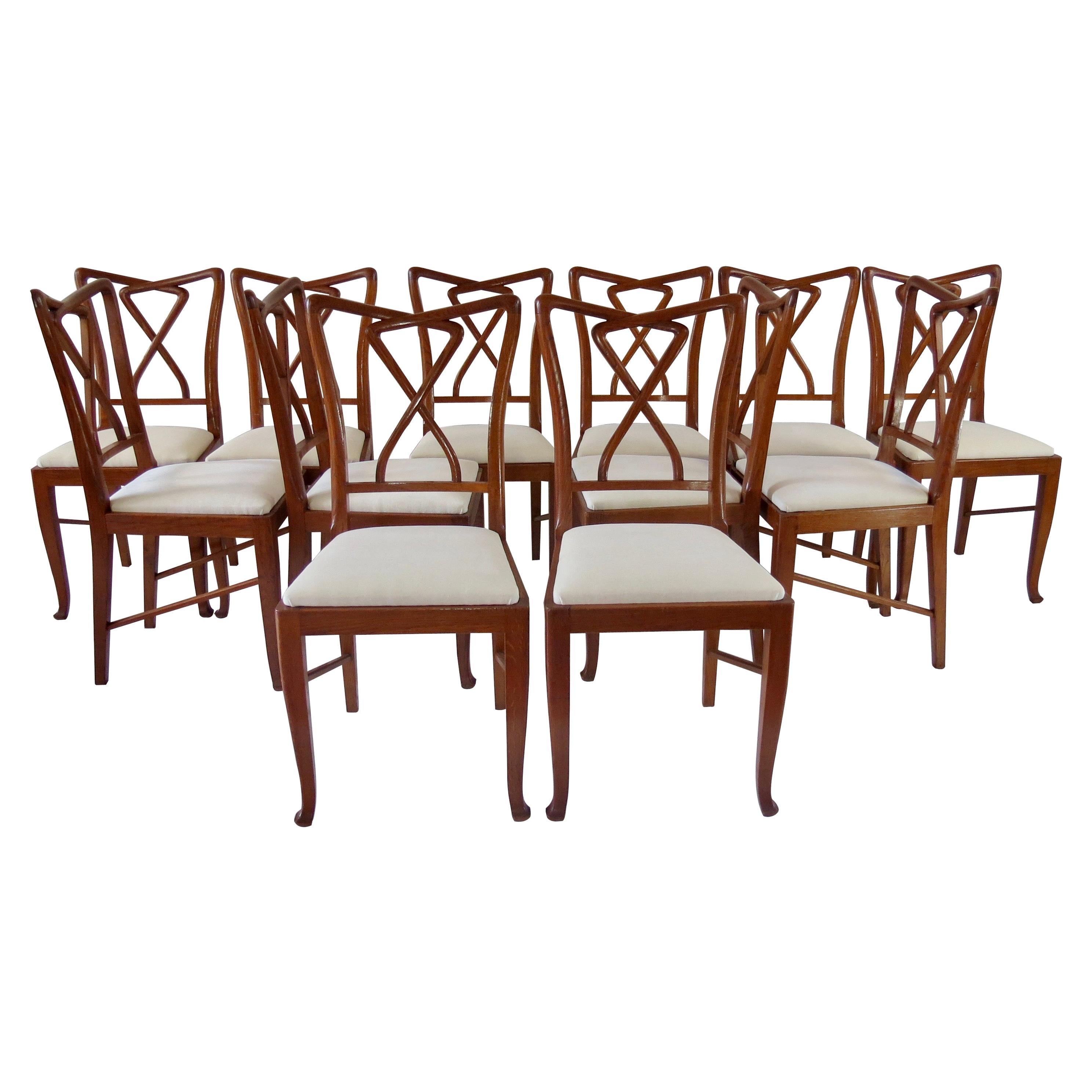 Set of Rare Important Walnut 12 Dining Chairs Attributed Paolo Buffa, circa 1950