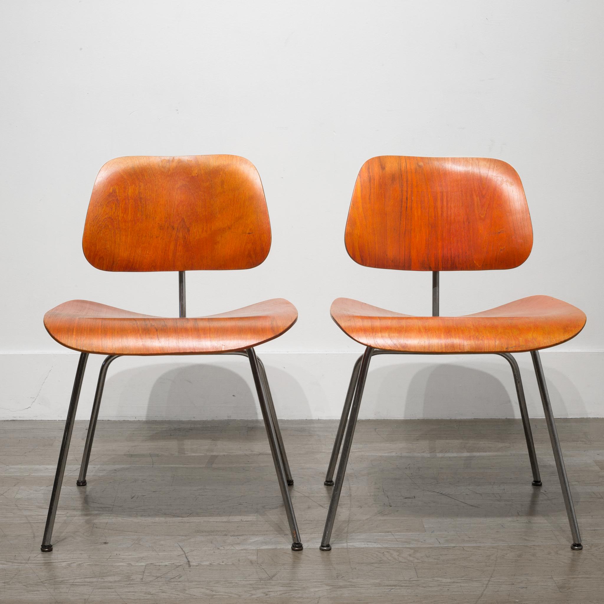 Mid-Century Modern Set of Rare Red Aniline Herman Miller DCM Chairs, possibly Evans circa 1950-1960