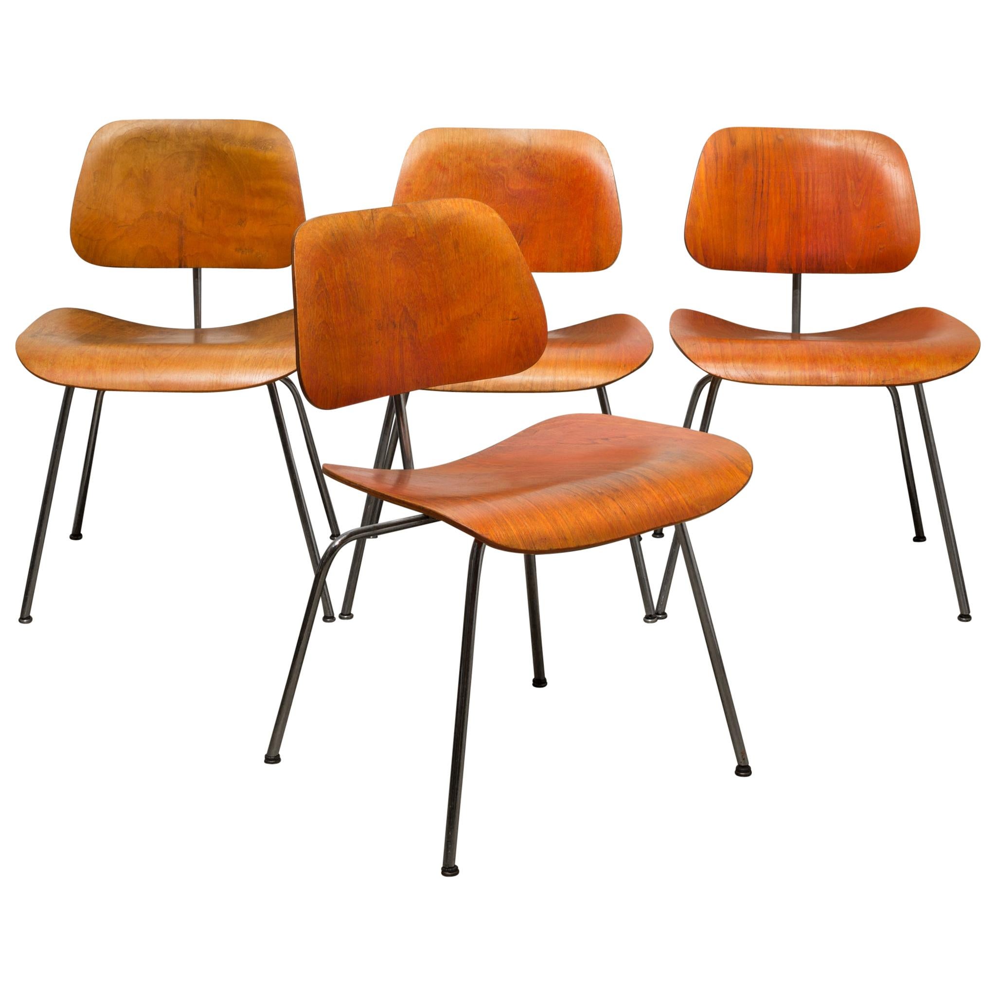 Set of Rare Red Aniline Herman Miller DCM Chairs, possibly Evans circa 1950-1960