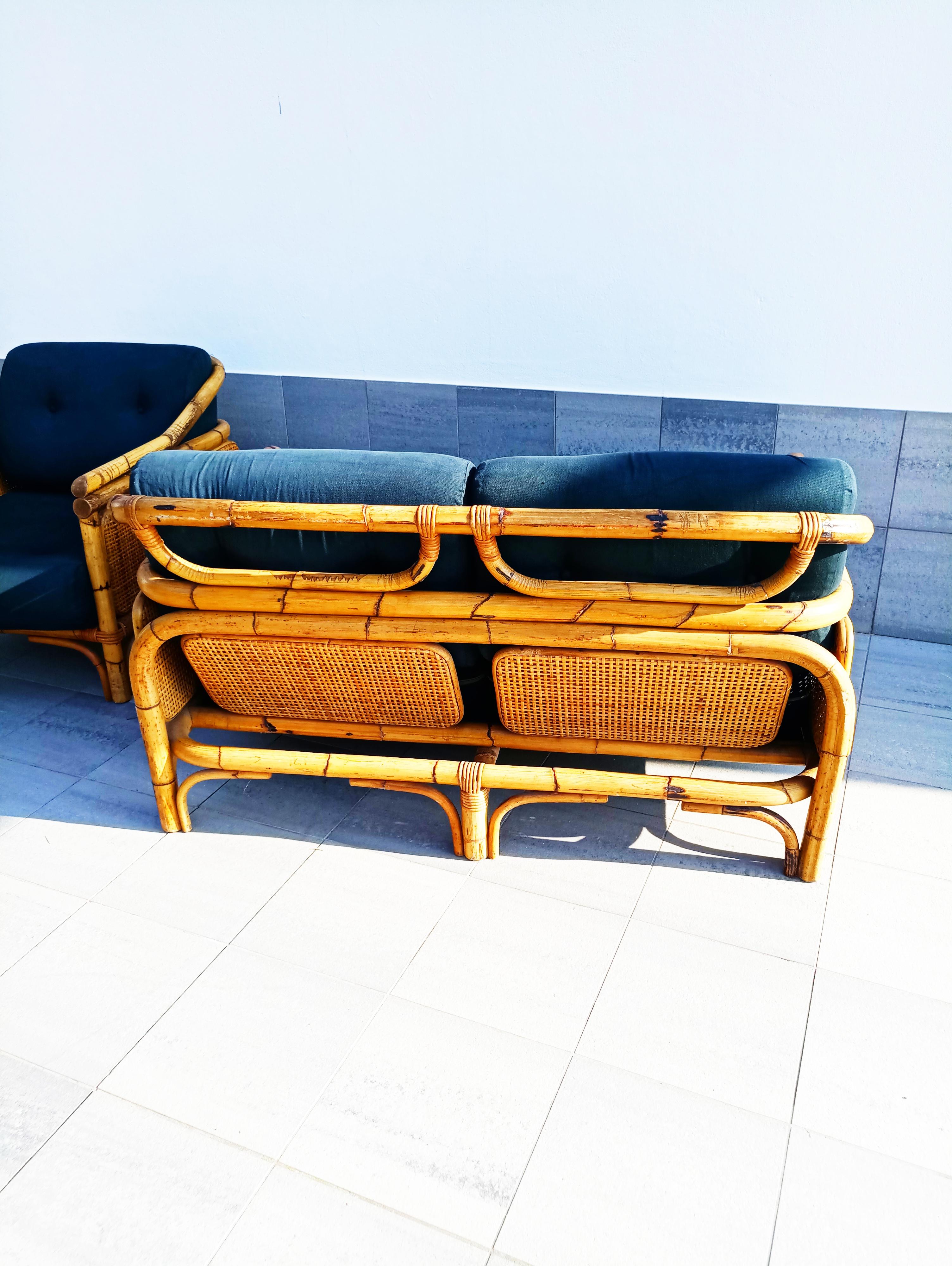 Beautiful and rare set of rattan and bamboo armchair and sofa, manufactured in France in 1960s. In perfect vintage condition.
Armchair (cm): 70 W x 90 D x 70 H
Sofa (cm): 130 W x 90 D x 70 H
Seat height (cm): 32 H.