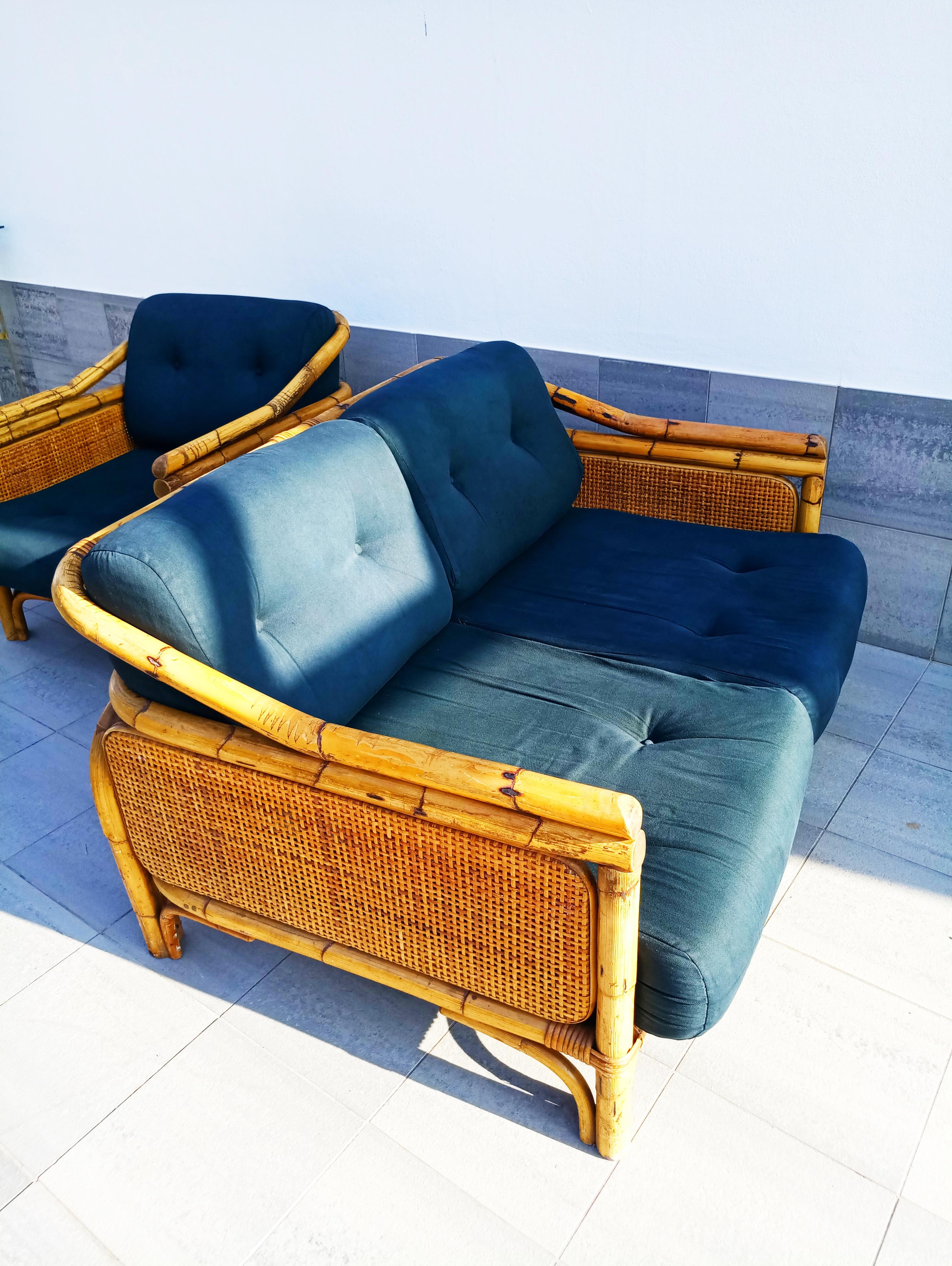 Set of Rattan and Bamboo Armchair and Sofa, France, circa 1960 In Good Condition In L'Escala, ES