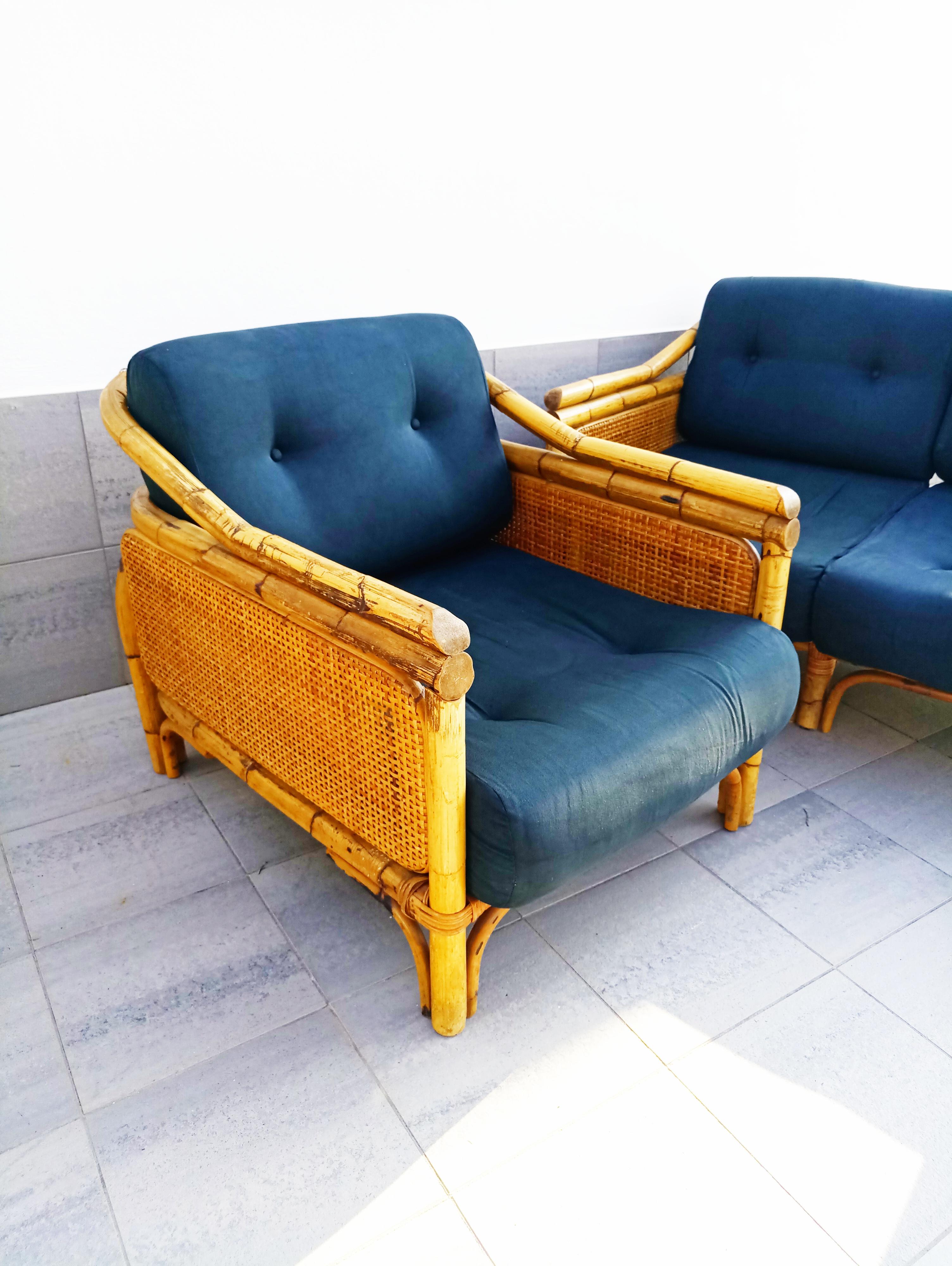 20th Century Set of Rattan and Bamboo Armchair and Sofa, France, circa 1960