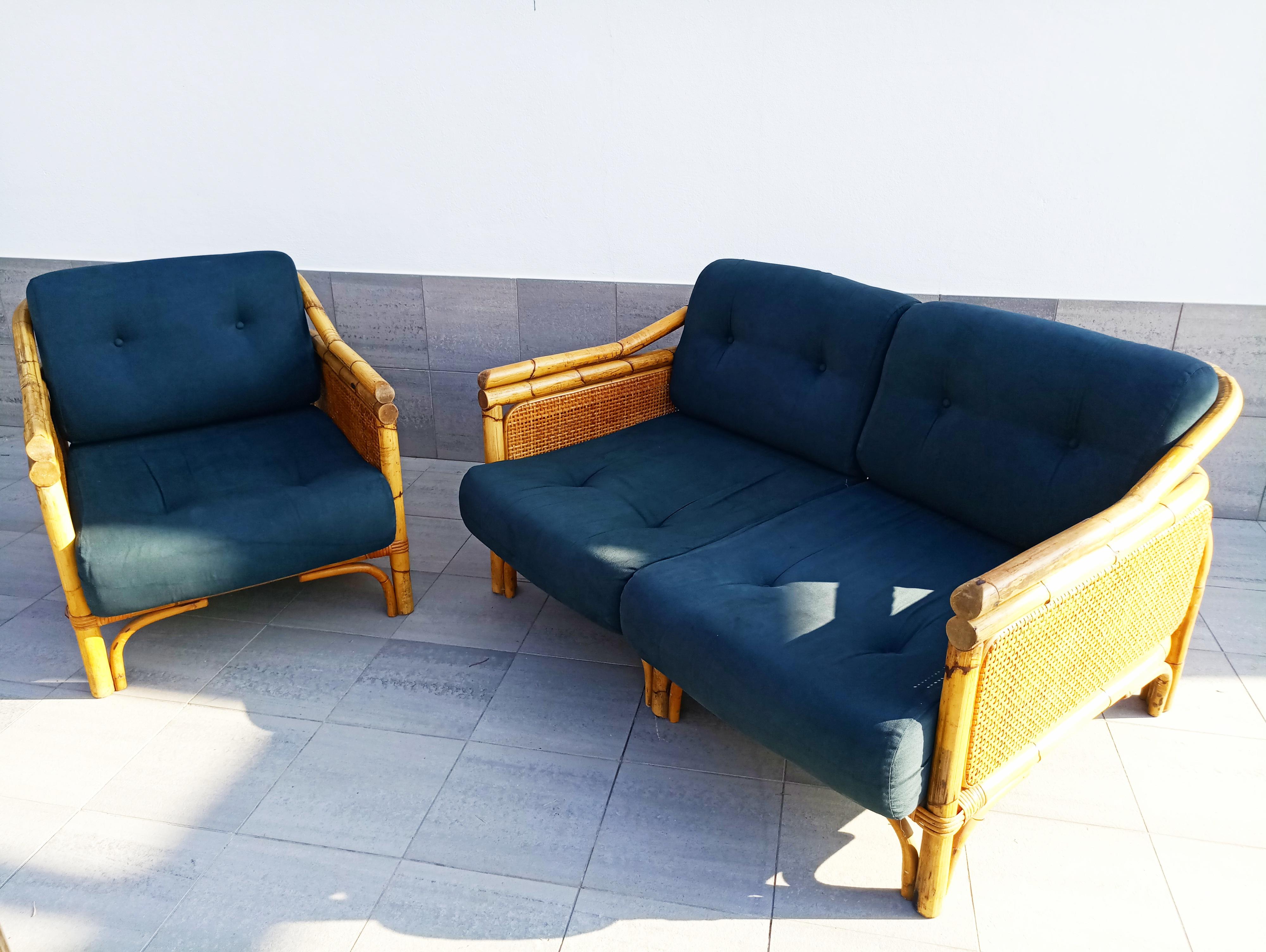 Set of Rattan and Bamboo Armchair and Sofa, France, circa 1960 2