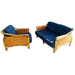 Set of Rattan and Bamboo Armchair and Sofa, France, circa 1960