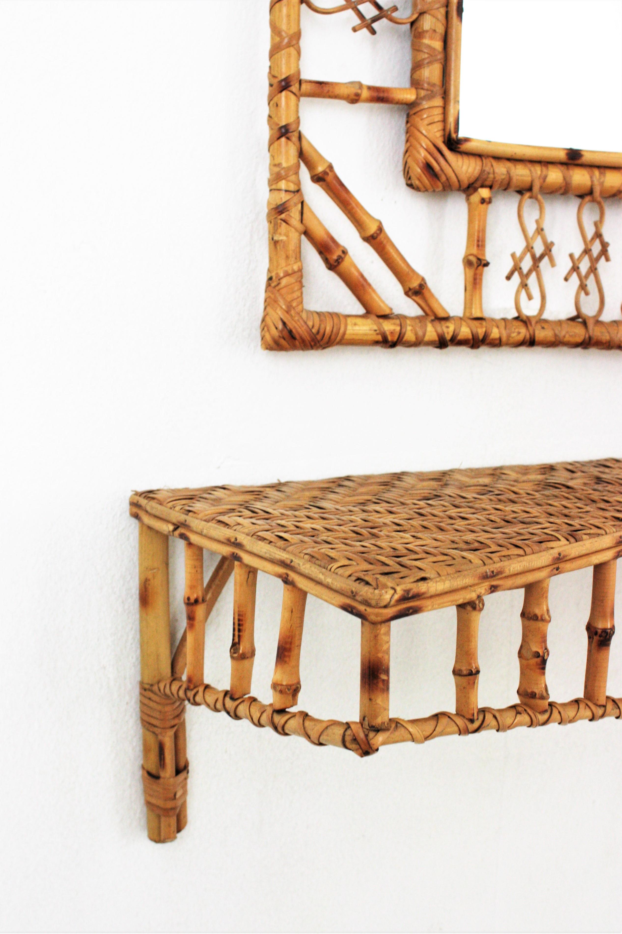 Set of Wall Mirror and Wall Shelf Console Table in Rattan and Bamboo, 1950s 1
