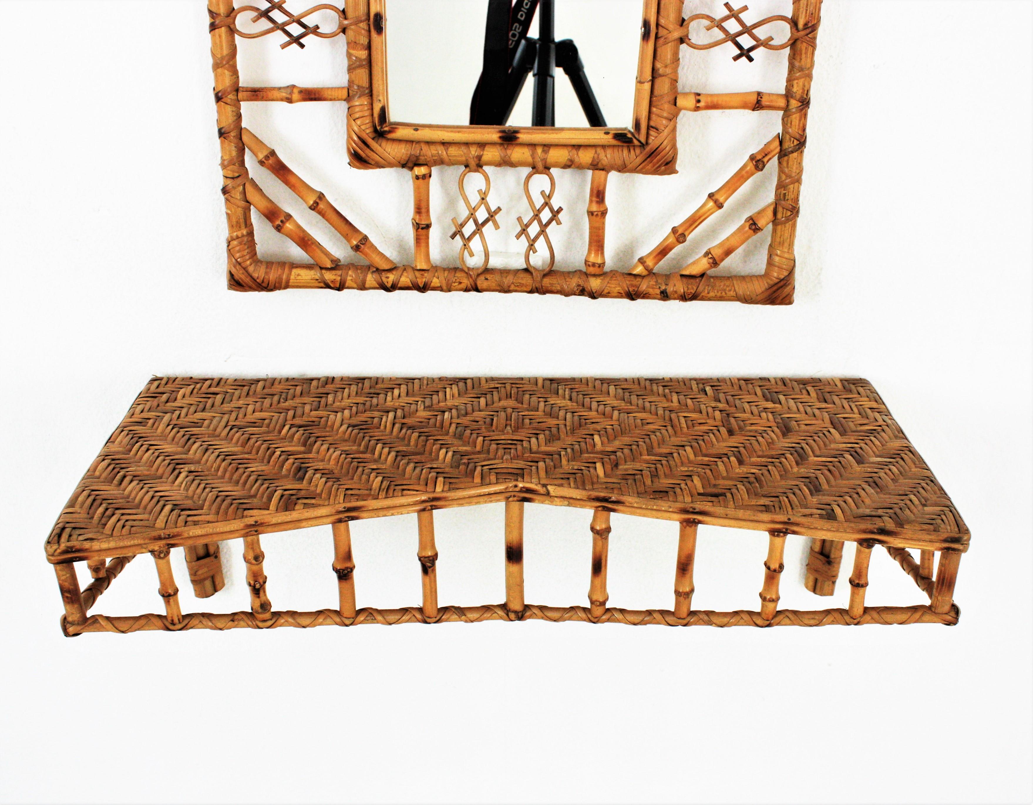 Set of Wall Mirror and Wall Shelf Console Table in Rattan and Bamboo, 1950s 5