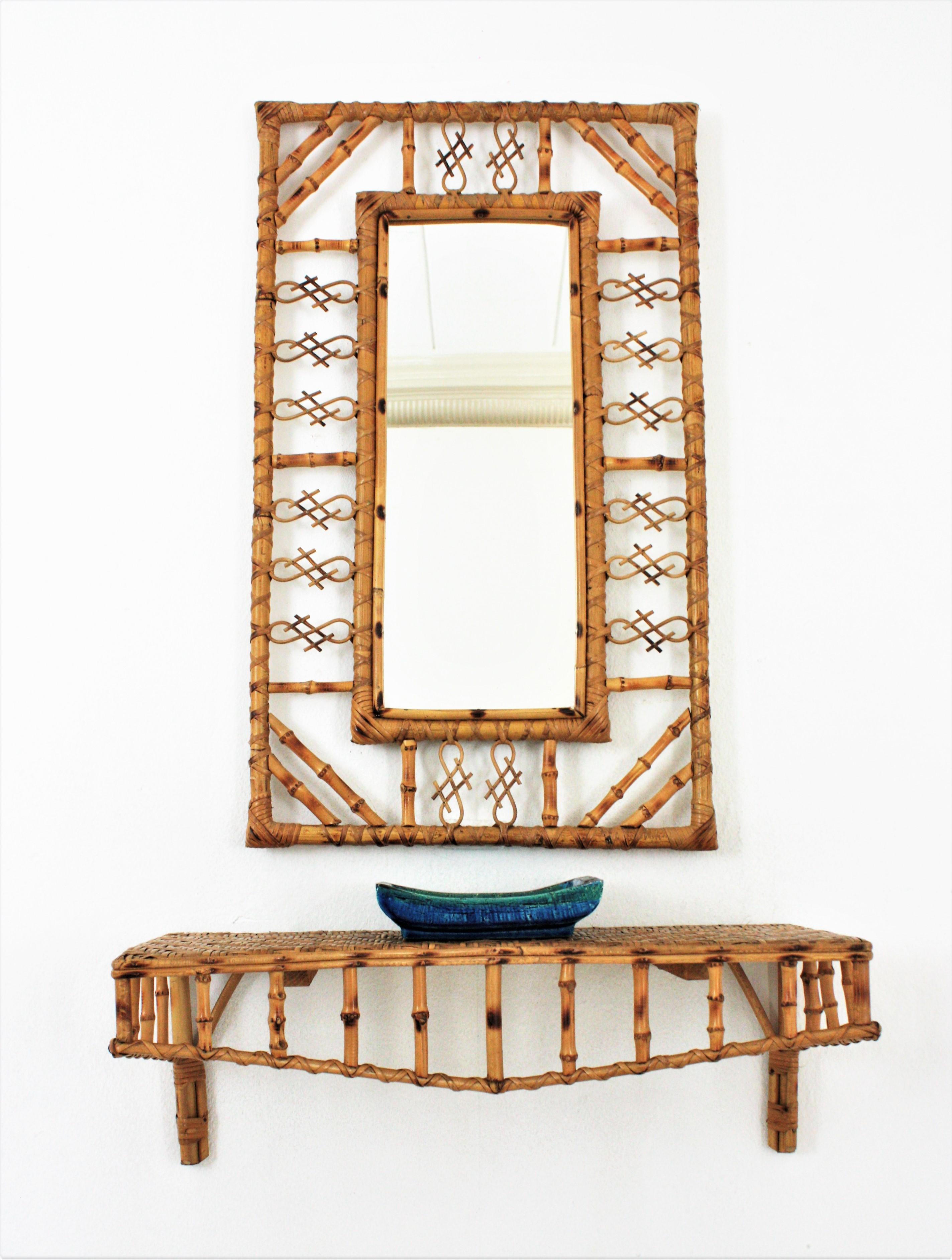 Set of Wall Mirror and Wall Shelf Console Table in Rattan and Bamboo, 1950s 6