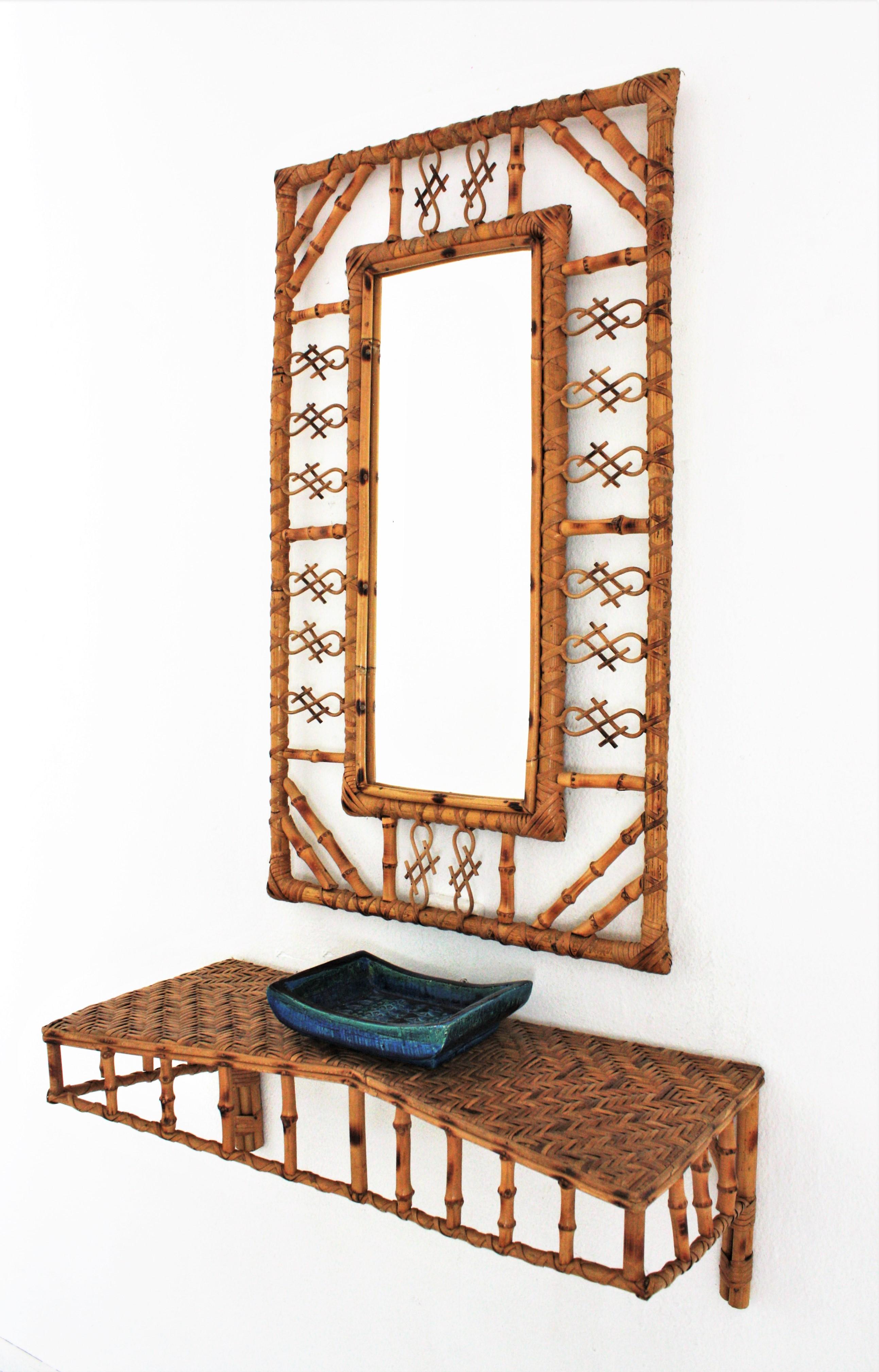 Set of Wall Mirror and Wall Shelf Console Table in Rattan and Bamboo, 1950s 8