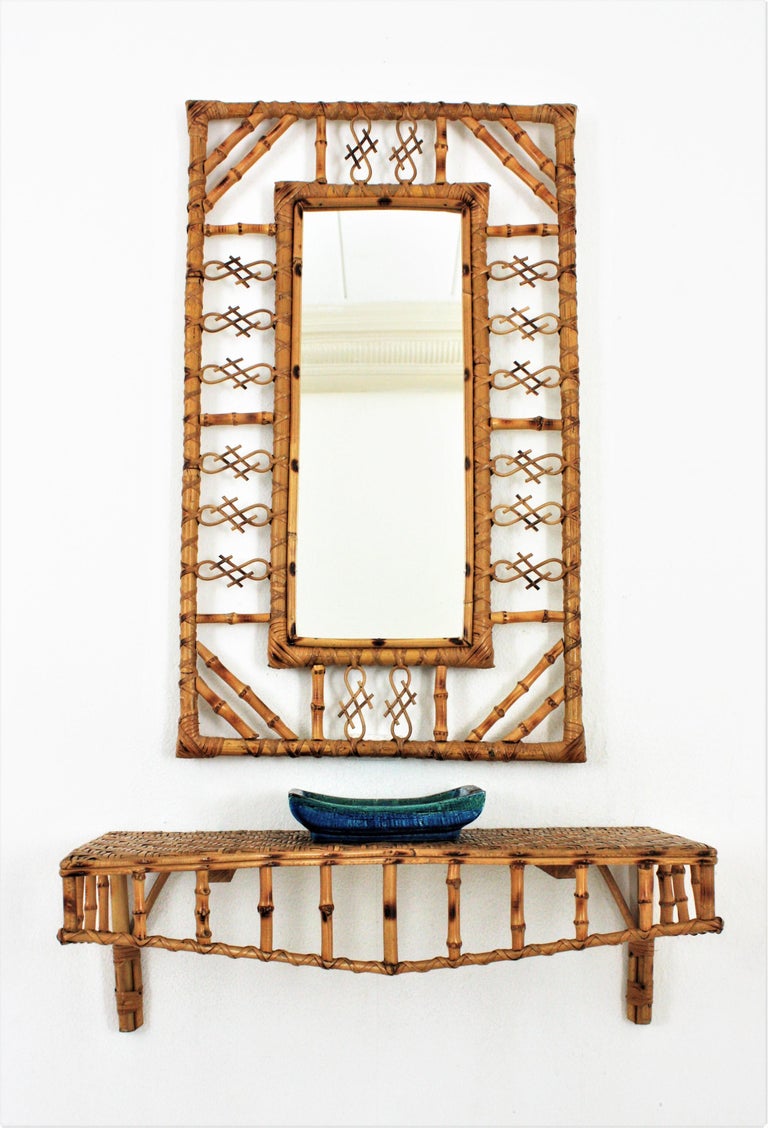 Set of Wall Mirror and Wall Shelf Console Table in Rattan and Bamboo