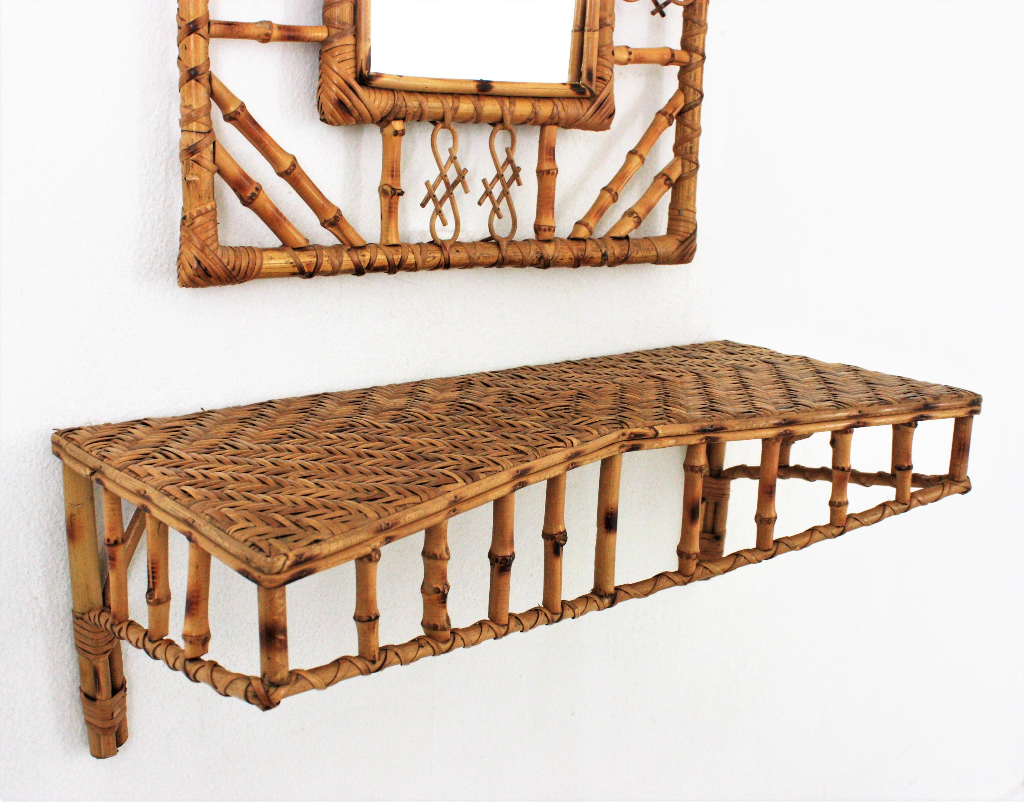 Mid-Century Modern Set of Wall Mirror and Wall Shelf Console Table in Rattan and Bamboo, 1950s