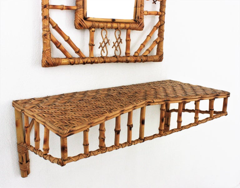 Set of Wall Mirror and Wall Shelf Console Table in Rattan and Bamboo