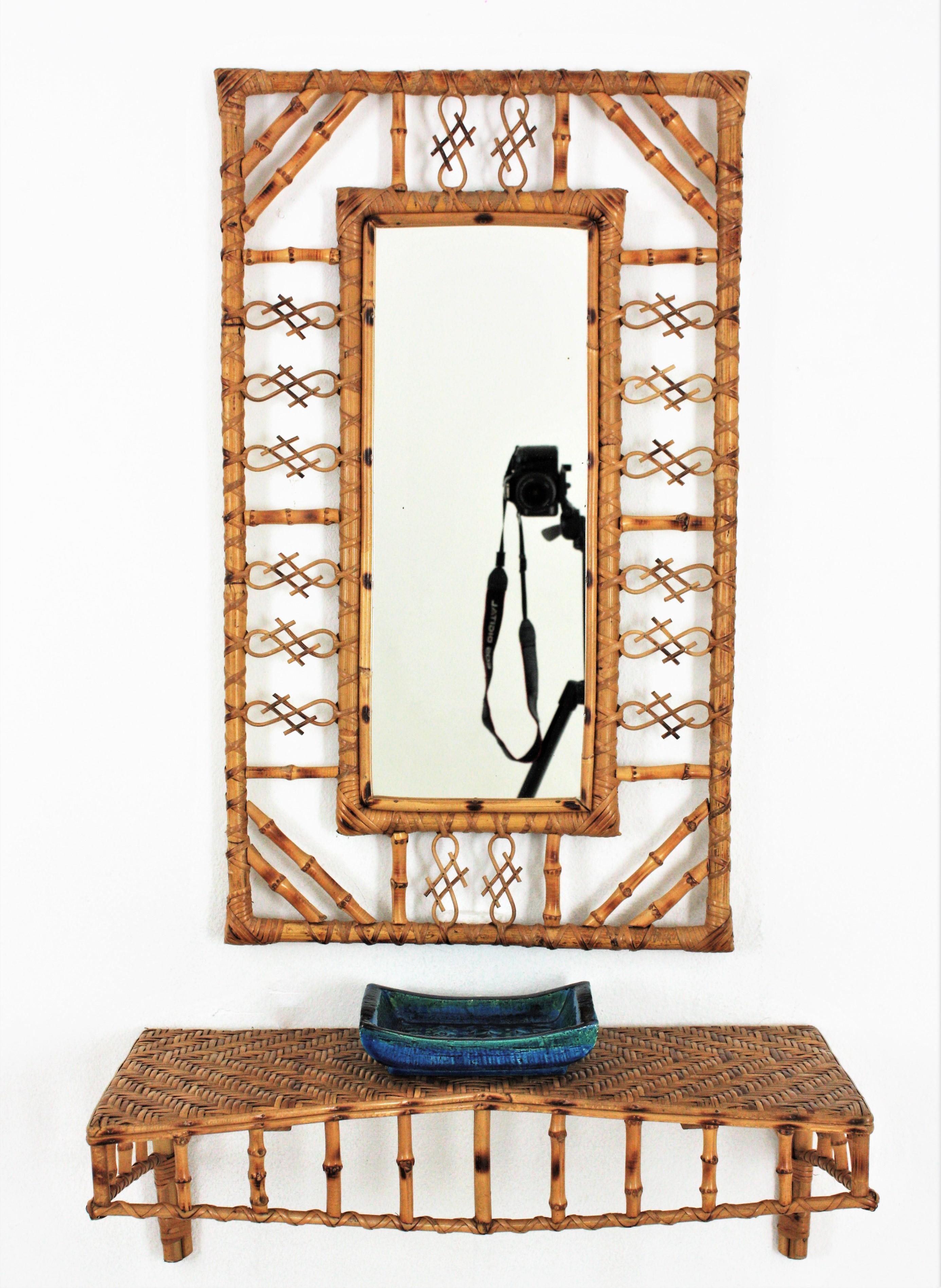French Set of Wall Mirror and Wall Shelf Console Table in Rattan and Bamboo, 1950s