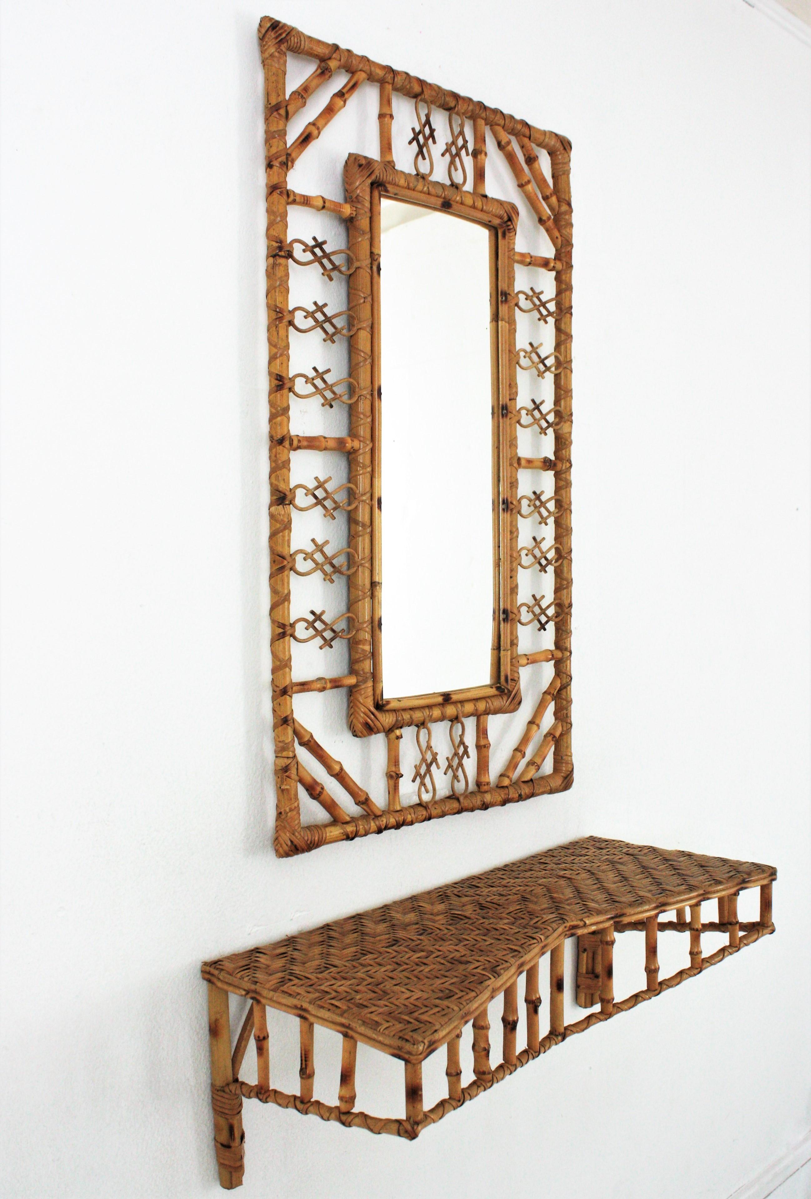 Set of Wall Mirror and Wall Shelf Console Table in Rattan and Bamboo, 1950s In Good Condition In Barcelona, ES