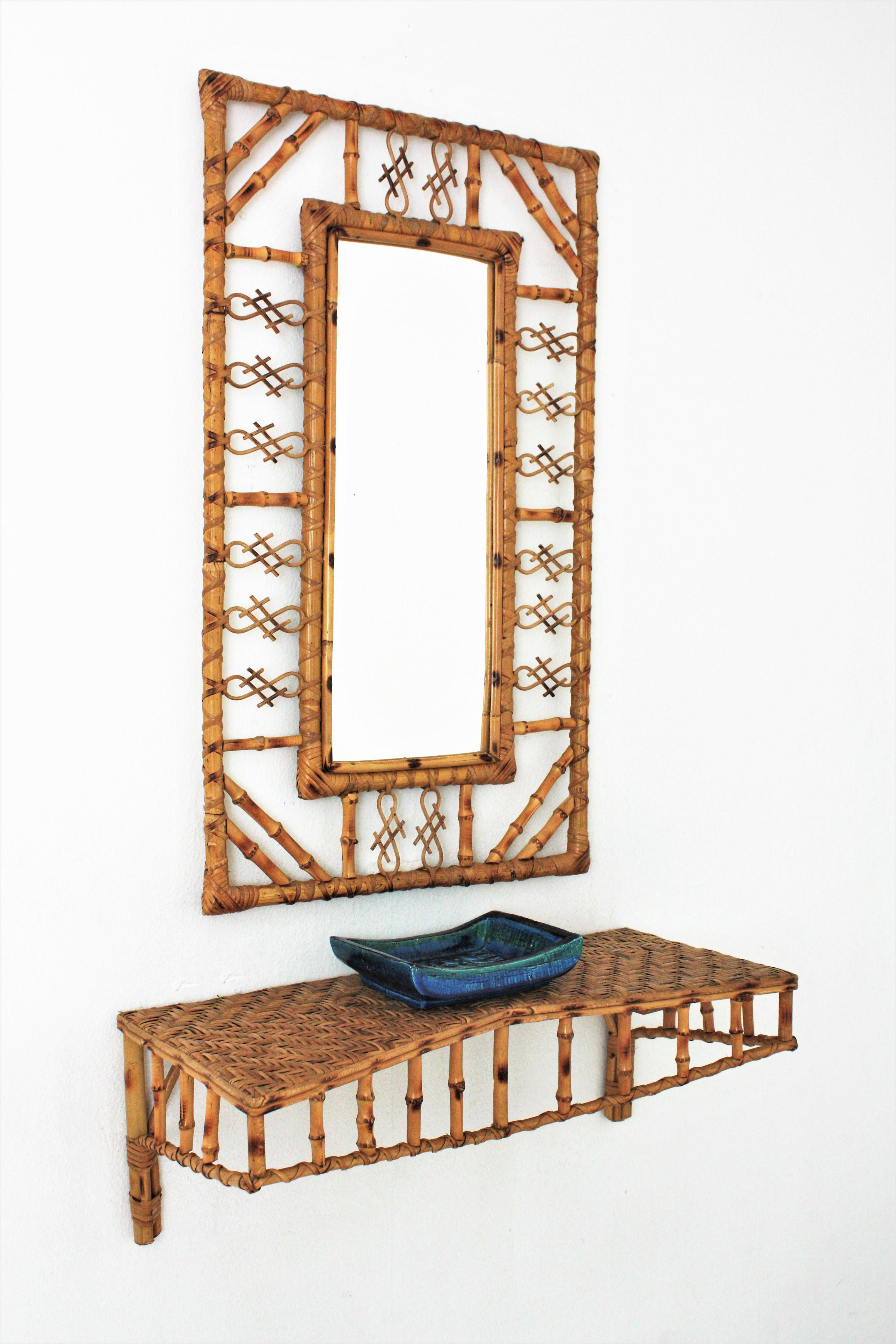 20th Century Set of Wall Mirror and Wall Shelf Console Table in Rattan and Bamboo, 1950s