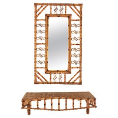 Vintage Set of Wall Mirror and Wall Shelf Console Table in Rattan and Bamboo, 1950s