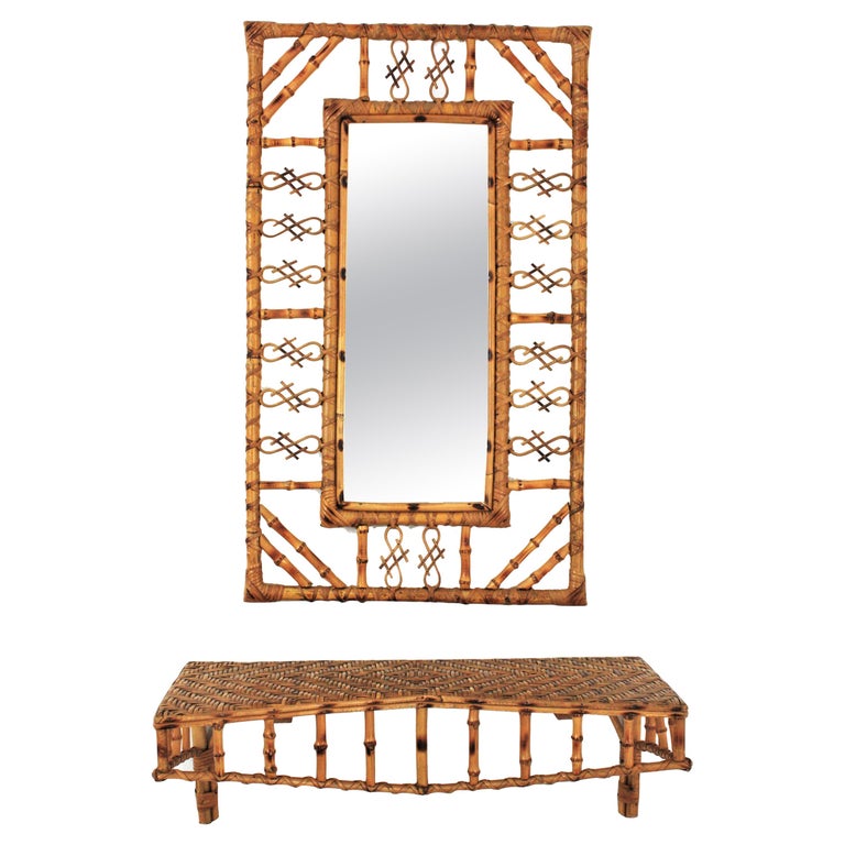Set of Wall Mirror and Wall Shelf Console Table in Rattan and Bamboo