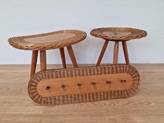Set Hocker aus Rattan und Holz mit Wand Garderobenständer ULUV, Jan Kalous, 1960er Jahre