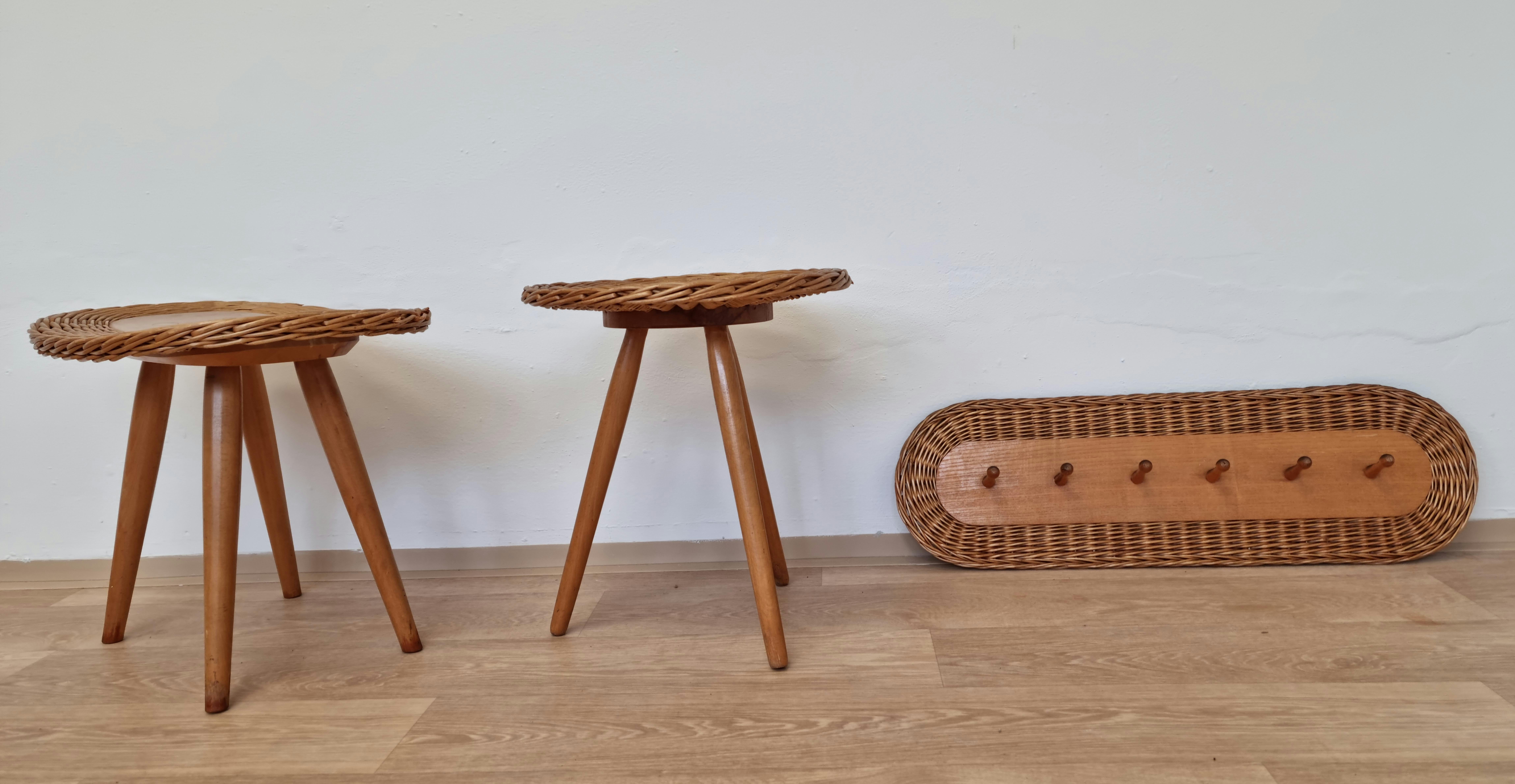 Czech Set of Rattan and Wood Stools with Wall Coat Rack ULUV, Jan Kalous, 1960s  For Sale