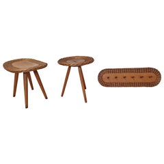 Set di sgabelli in rattan e Wood con appendiabiti a muro ULUV, Jan Kalous, anni '60