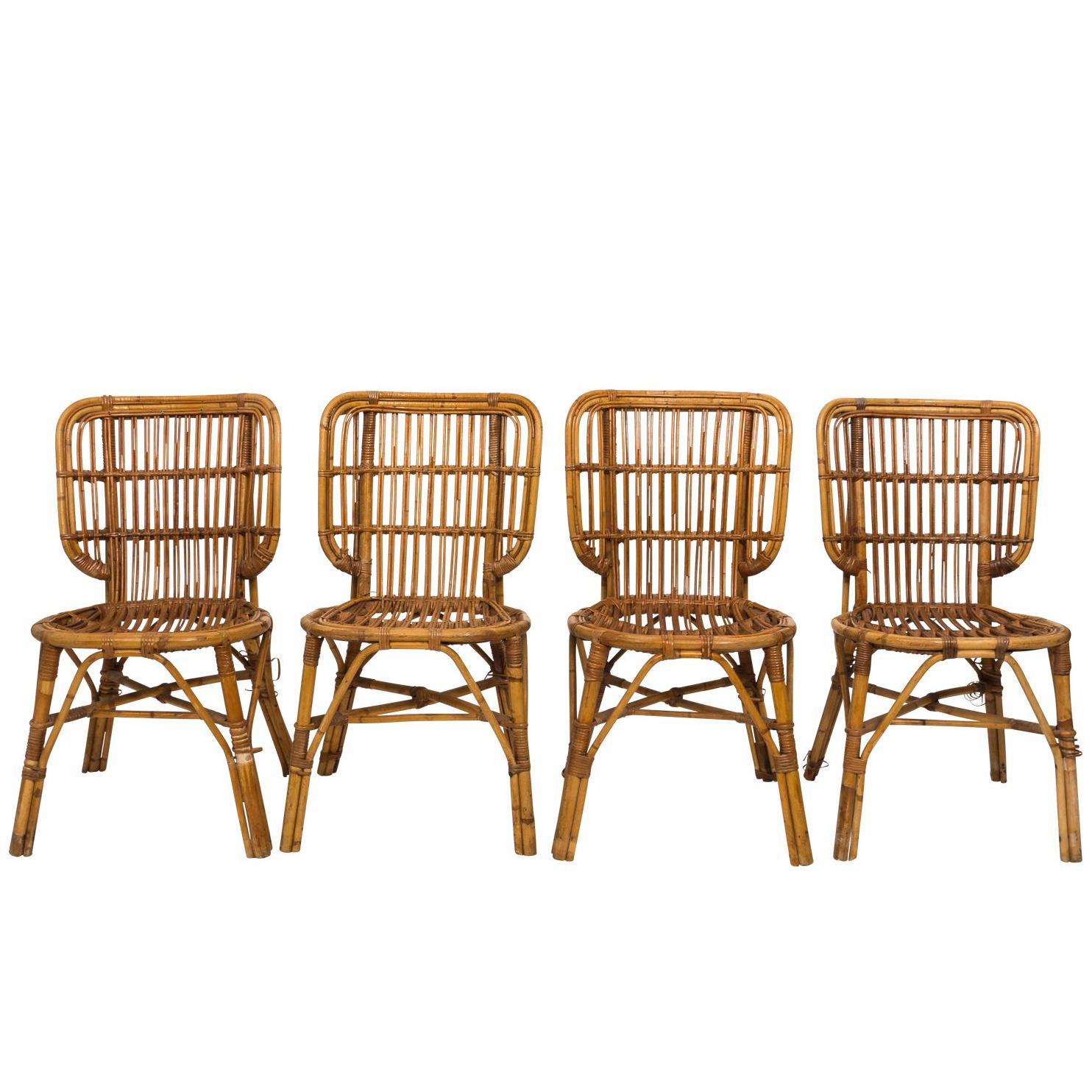 Set of Rattan Side Chairs, circa 1940s
