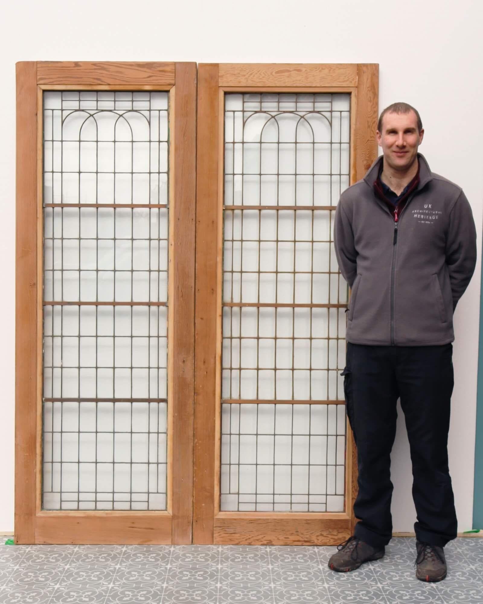 Bring the understated glamour of the Art Deco era to a property with this stylish set of 1920s internal double doors. Each door features full length copperlight glazing within a stripped and sanded pine wood frame with a natural finish. They make a