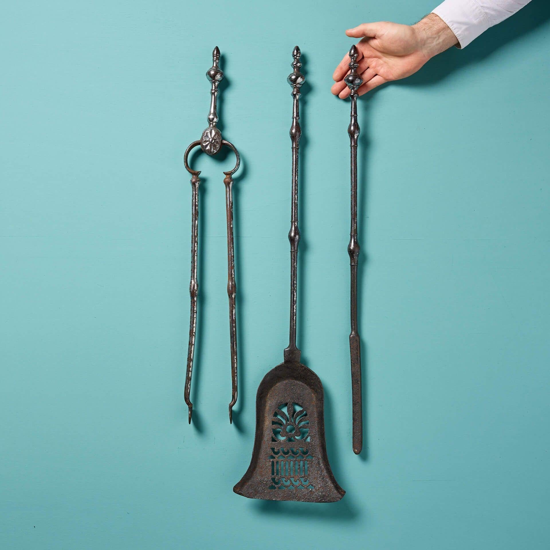 A set of original reclaimed Georgian fire tools. The set consists of a poker, tongs and shovel with matching finial shaped handles. The perfect finishing touch for an antique fireplace!

Additional Information

Dimensions represent the largest piece