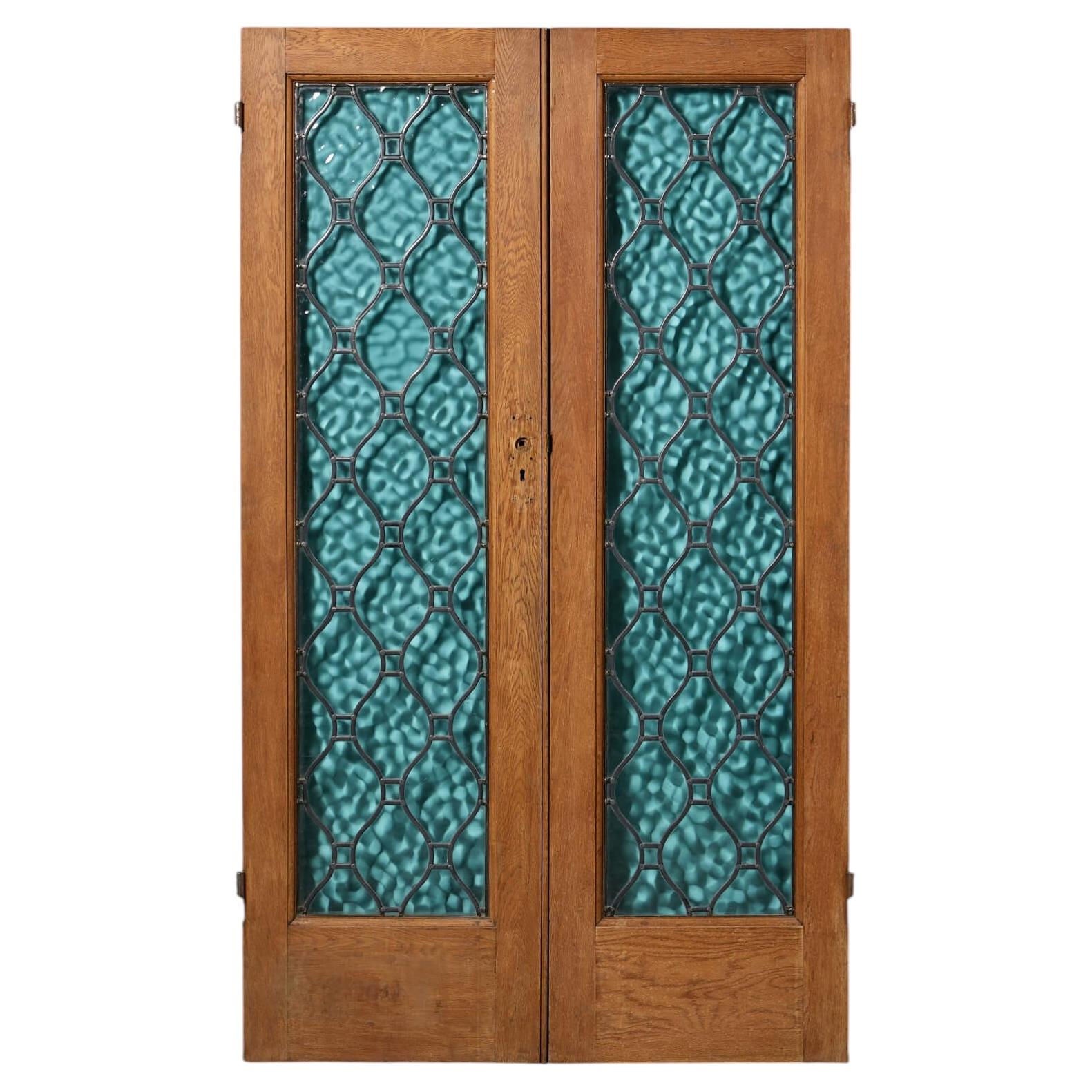 Set of Reclaimed Oak Double Doors with Leaded Glass