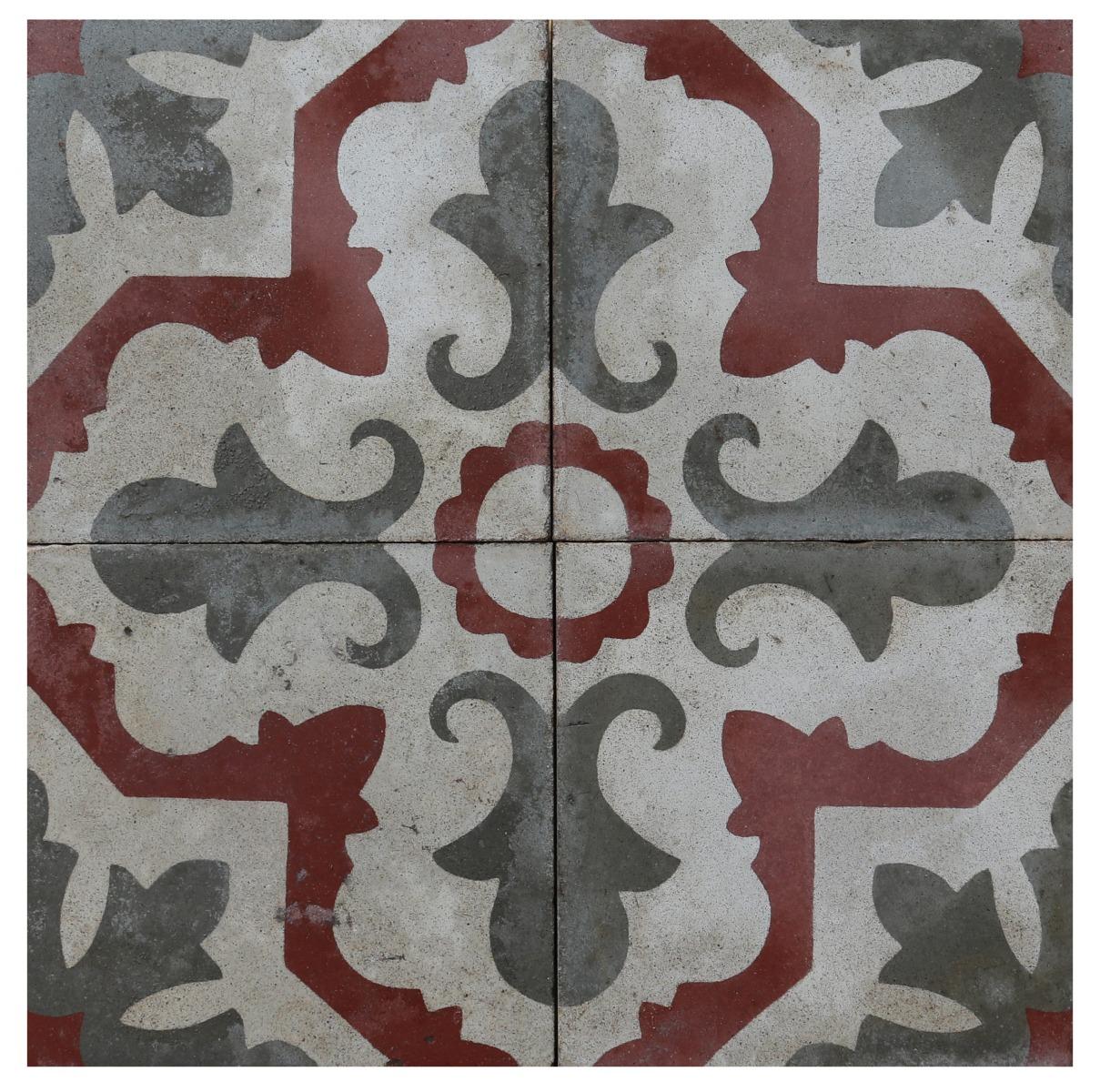 A batch of 105 reclaimed encaustic cement floor tiles. These tiles will cover 4.2 m2 or 45 ft2.