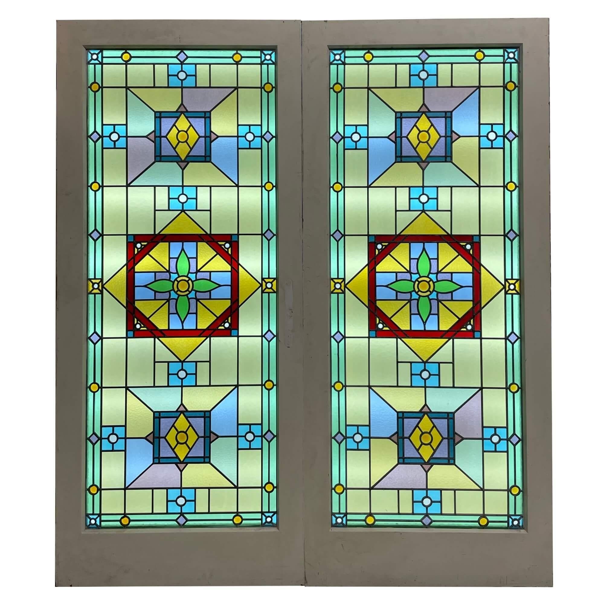 Set of Reclaimed Stained Glass Double Doors In Fair Condition For Sale In Wormelow, Herefordshire