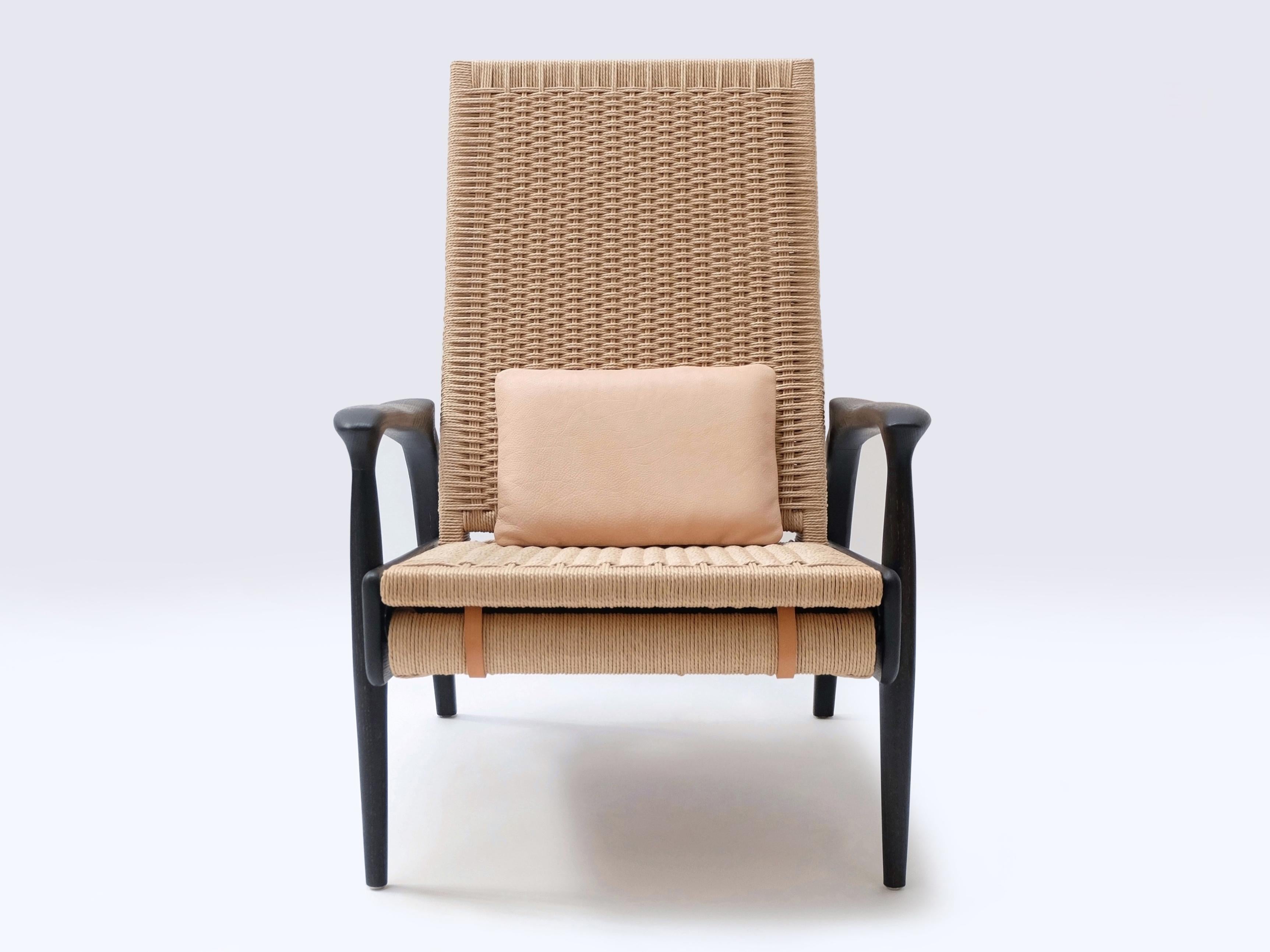 Ensemble de fauteuils inclinables en chêne noirci, cordon danois naturel, coussins en cuir en vente 2