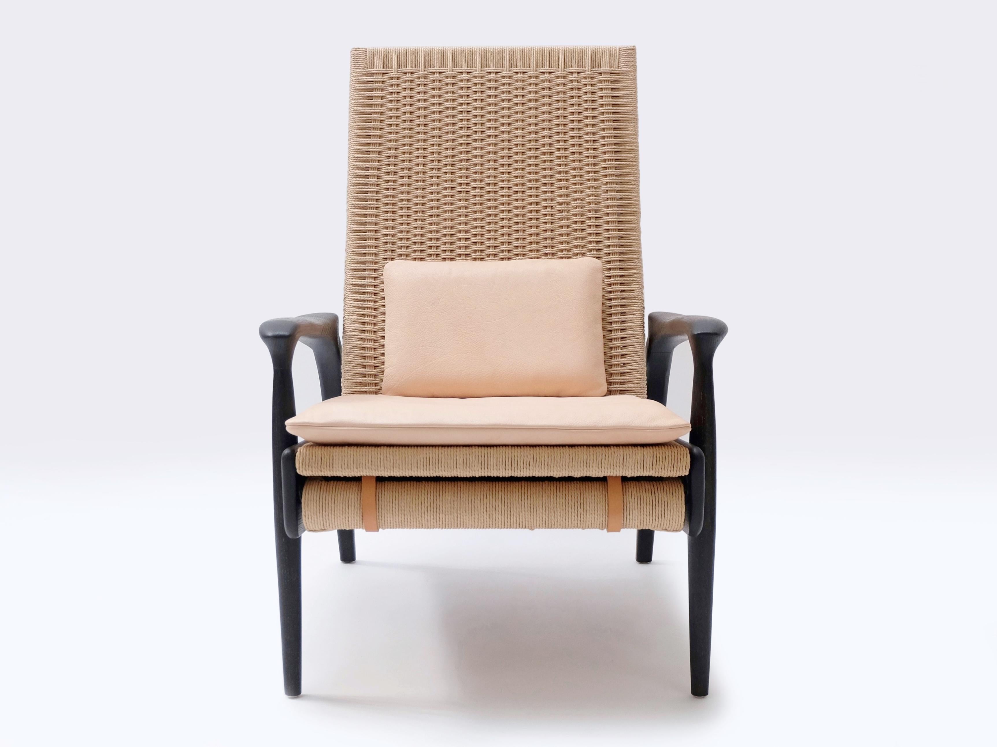 Ensemble de fauteuils inclinables en chêne noirci, cordon danois naturel, coussins en cuir en vente 4