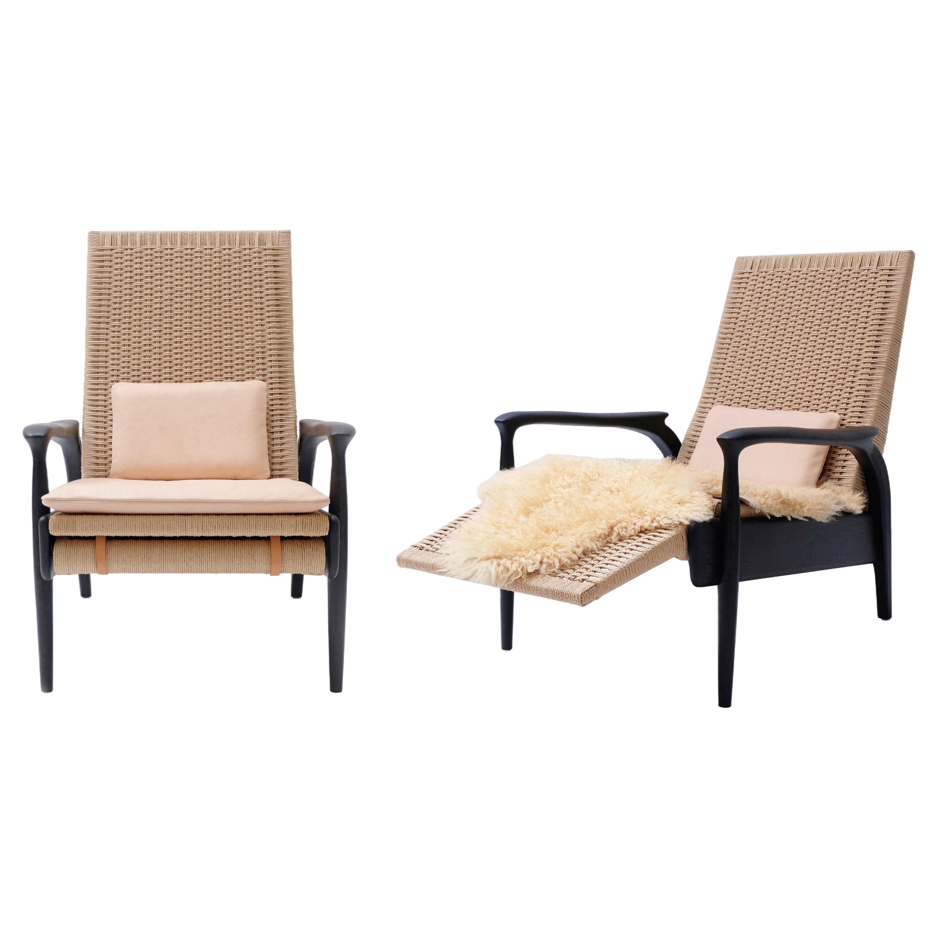 Ensemble de fauteuils inclinables en chêne noirci, cordon danois naturel, coussins en cuir en vente
