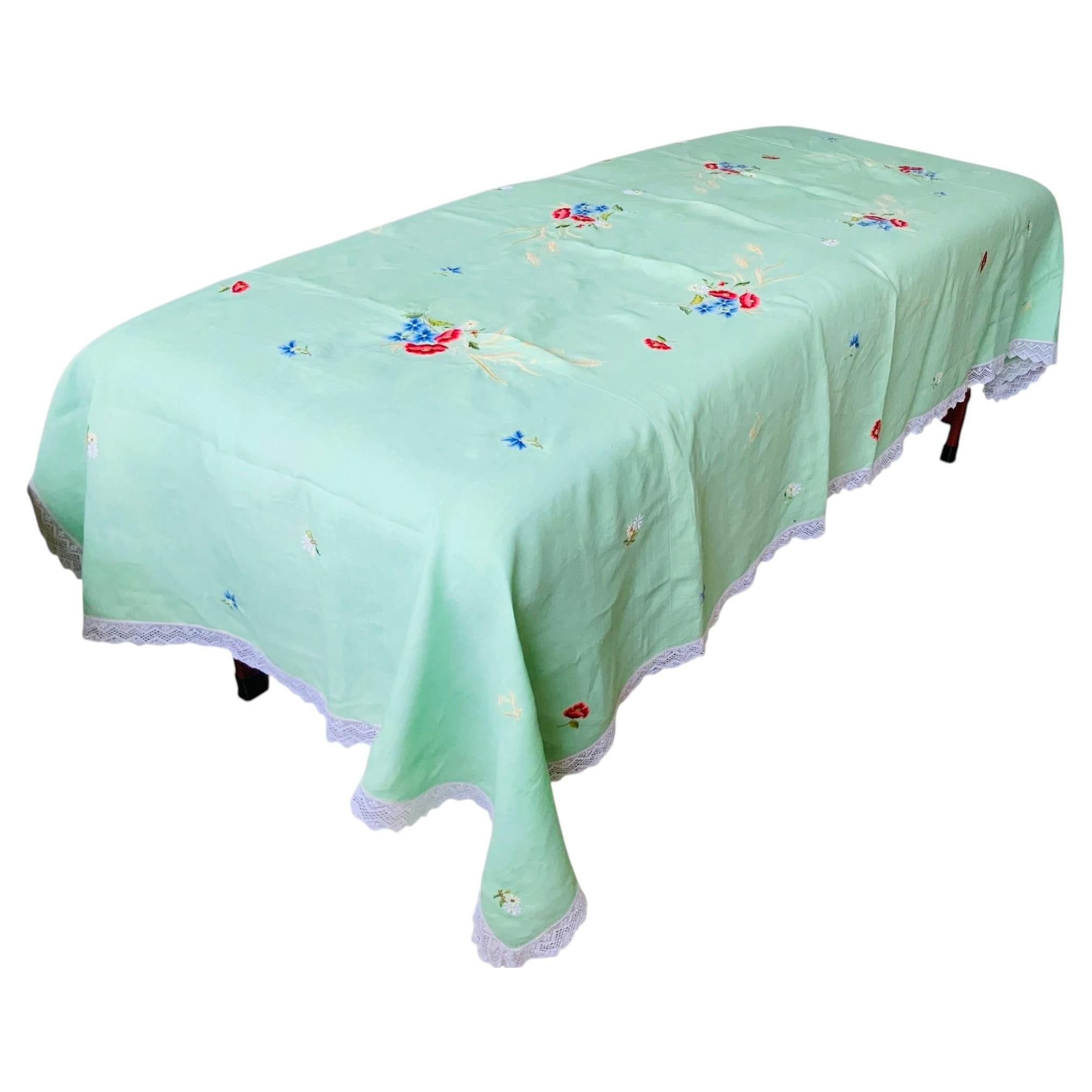 Set of Rectangular Linen Embroidered Tablecloth and Napkins